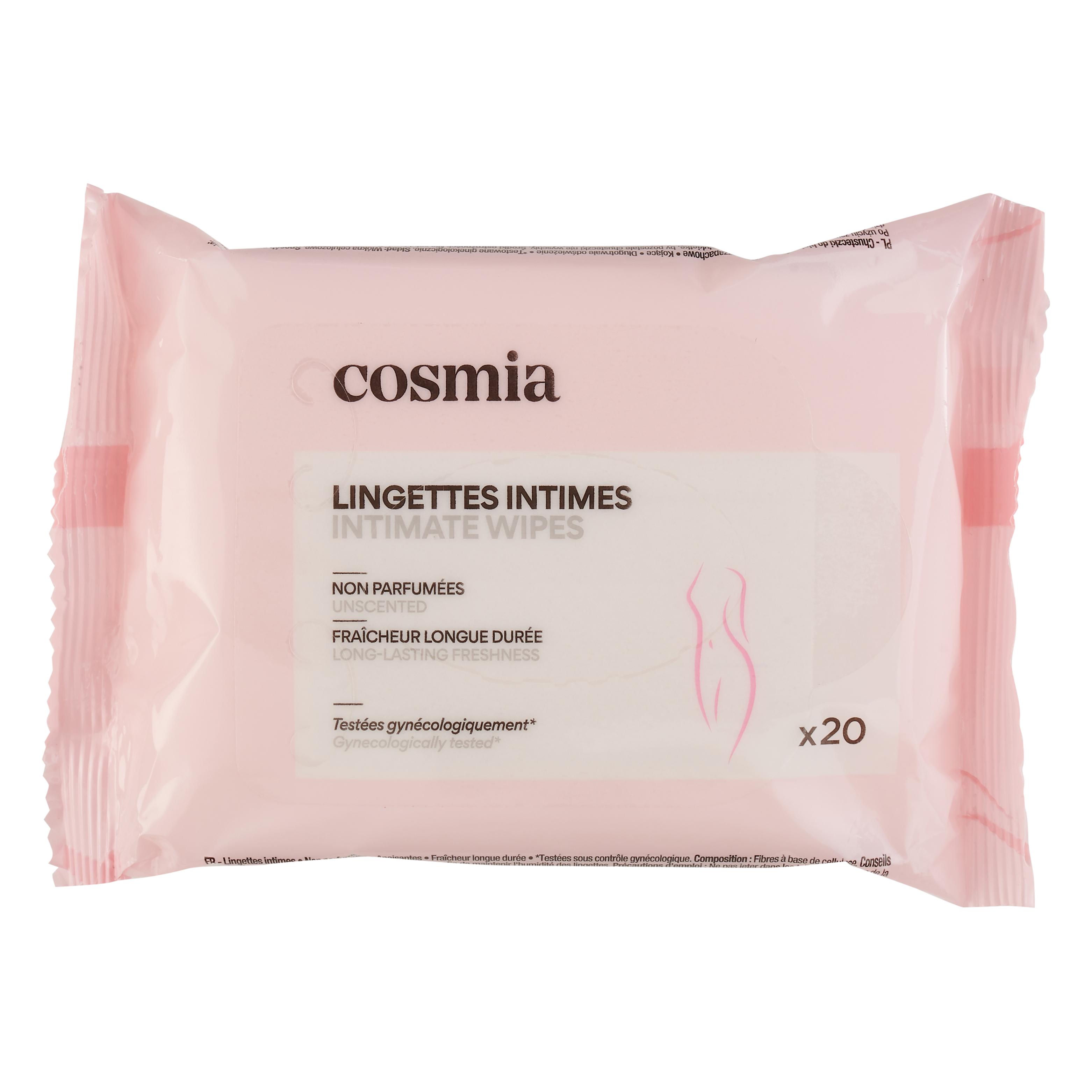 Voir la diapositive 3 : COSMIA Lingettes intimes non parfumées fraîcheur longue durée 20 lingettes