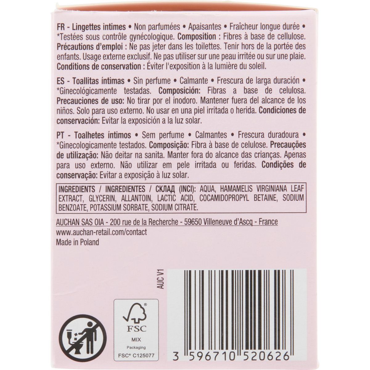 COSMIA Lingettes intimes non parfumées 16 lingettes