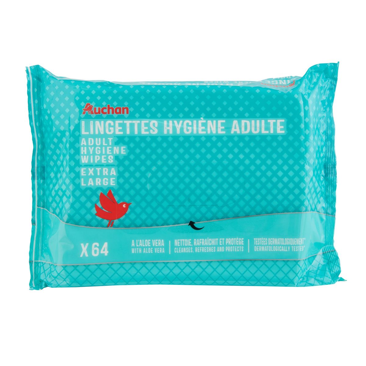 AUCHAN Lingettes hygiène adulte extra large nettoie rafraîchit & protège à l'aloe vera 64 lingettes