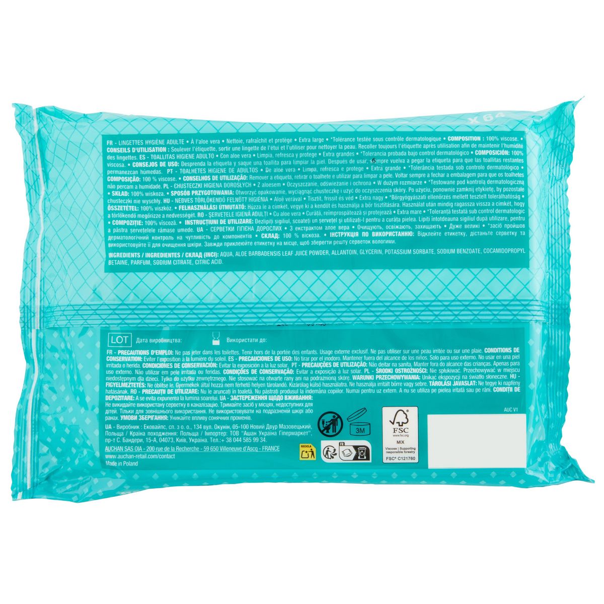 AUCHAN Lingettes hygiène adulte extra large nettoie rafraîchit & protège à l'aloe vera 64 lingettes