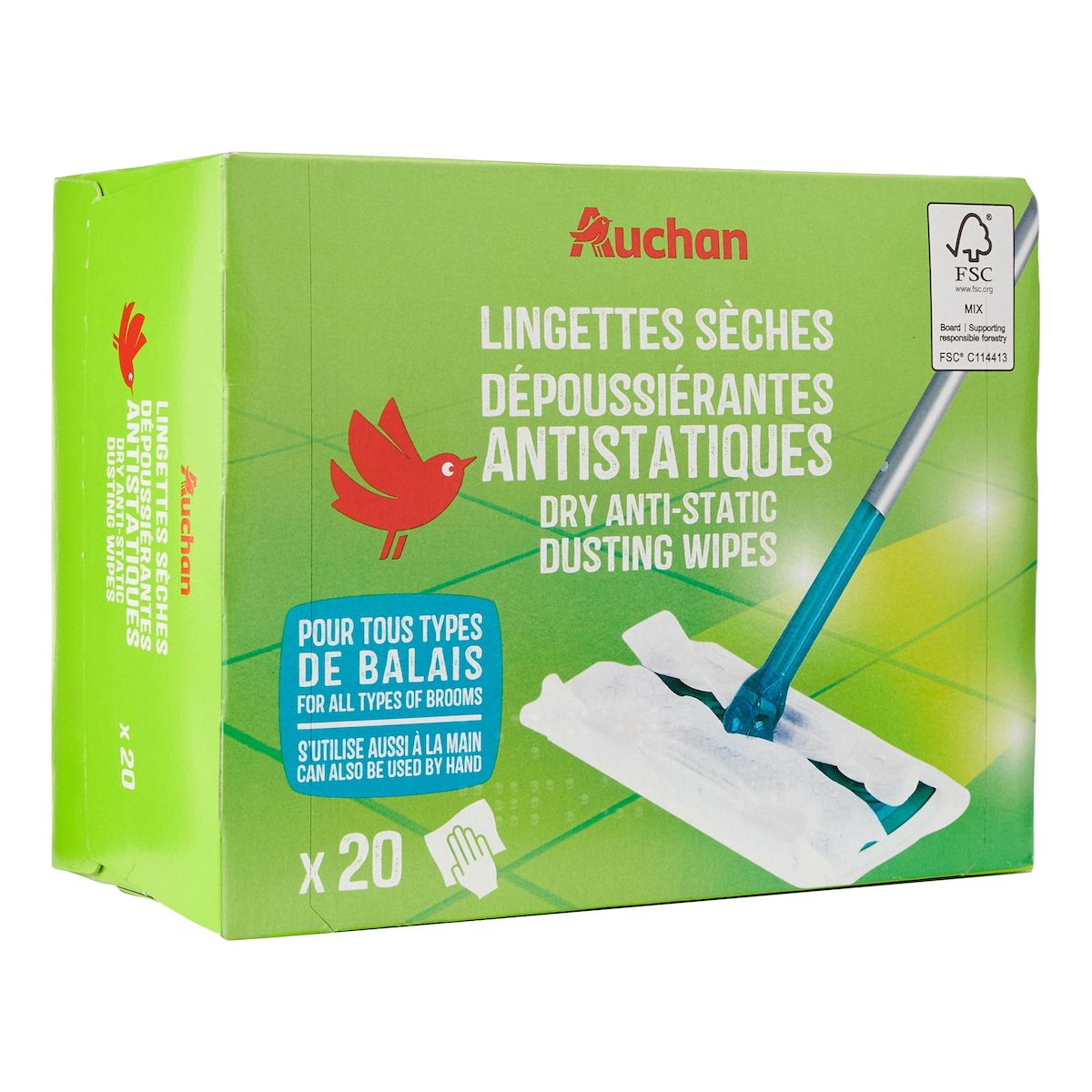 AUCHAN Lingettes balai sèches dépoussiérantes antistatiques 20 pièces
