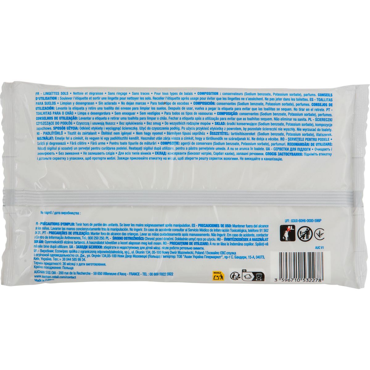 AUCHAN Lingettes nettoyantes sols 15 lingettes