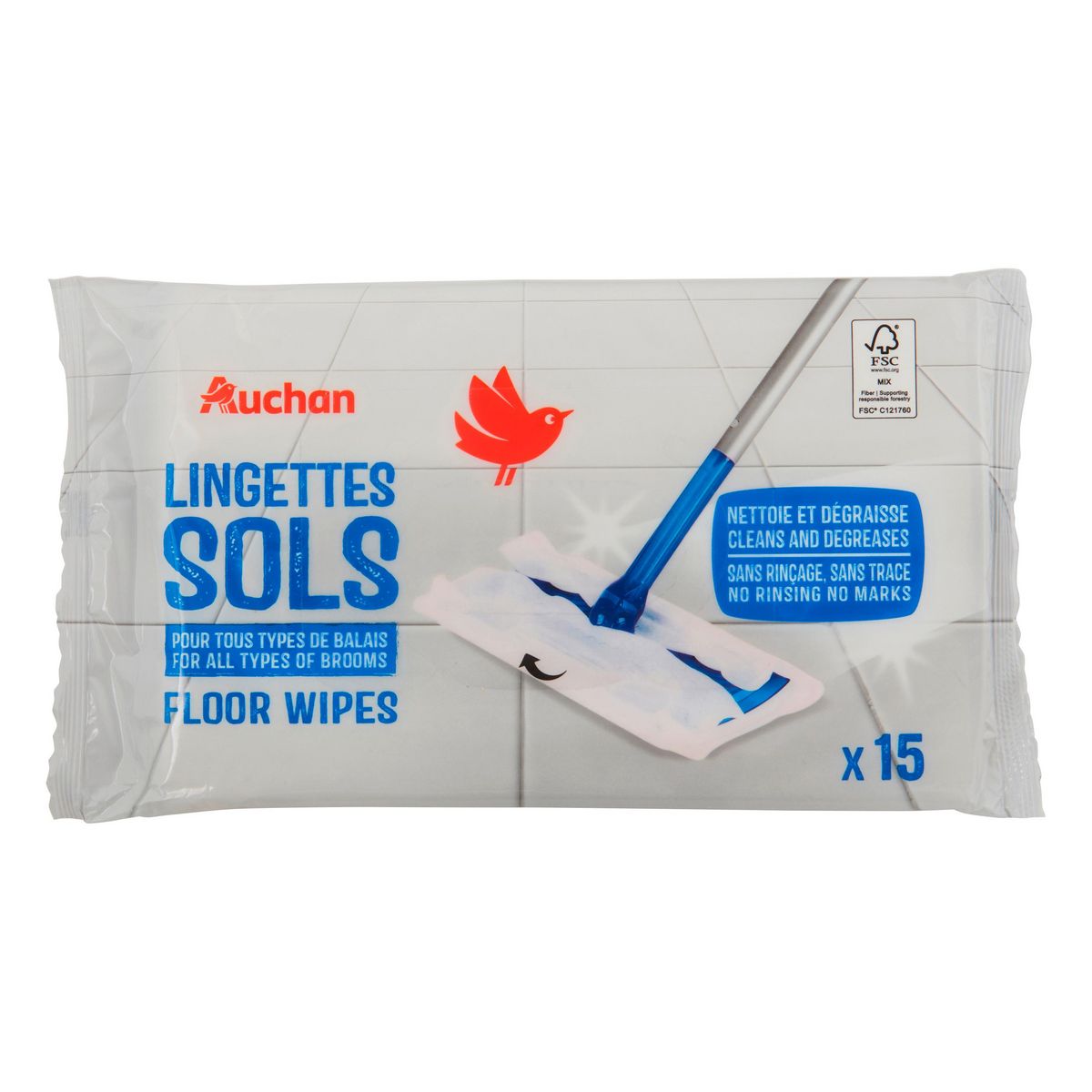 AUCHAN Lingettes nettoyantes sols 15 lingettes