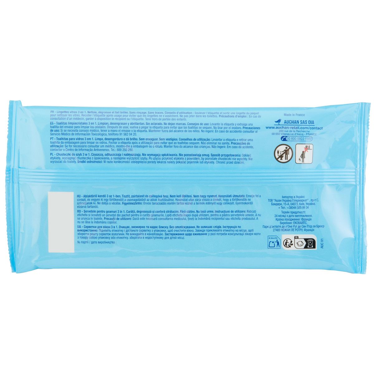 AUCHAN Lingettes vitres 3 en 1 20 lingettes