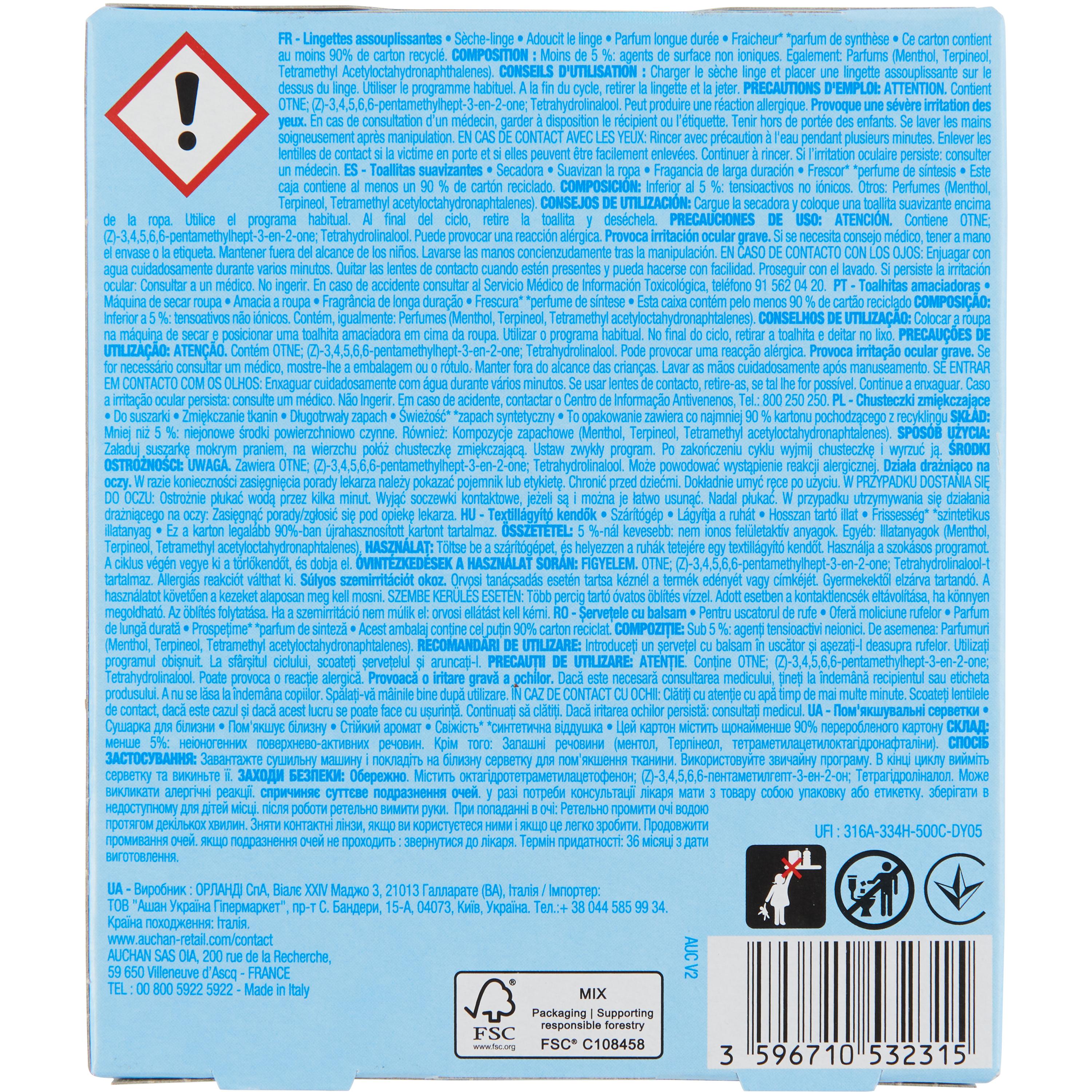 Voir la diapositive 2 : AUCHAN Lingettes assouplissantes sèche-linge fraîcheur longue durée 20 lavages 20 lingettes