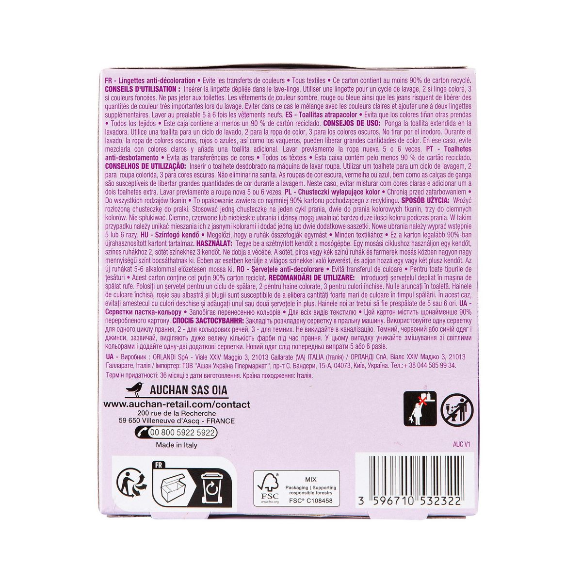 AUCHAN Lingettes anti-décoloration tous textiles 20 lingettes