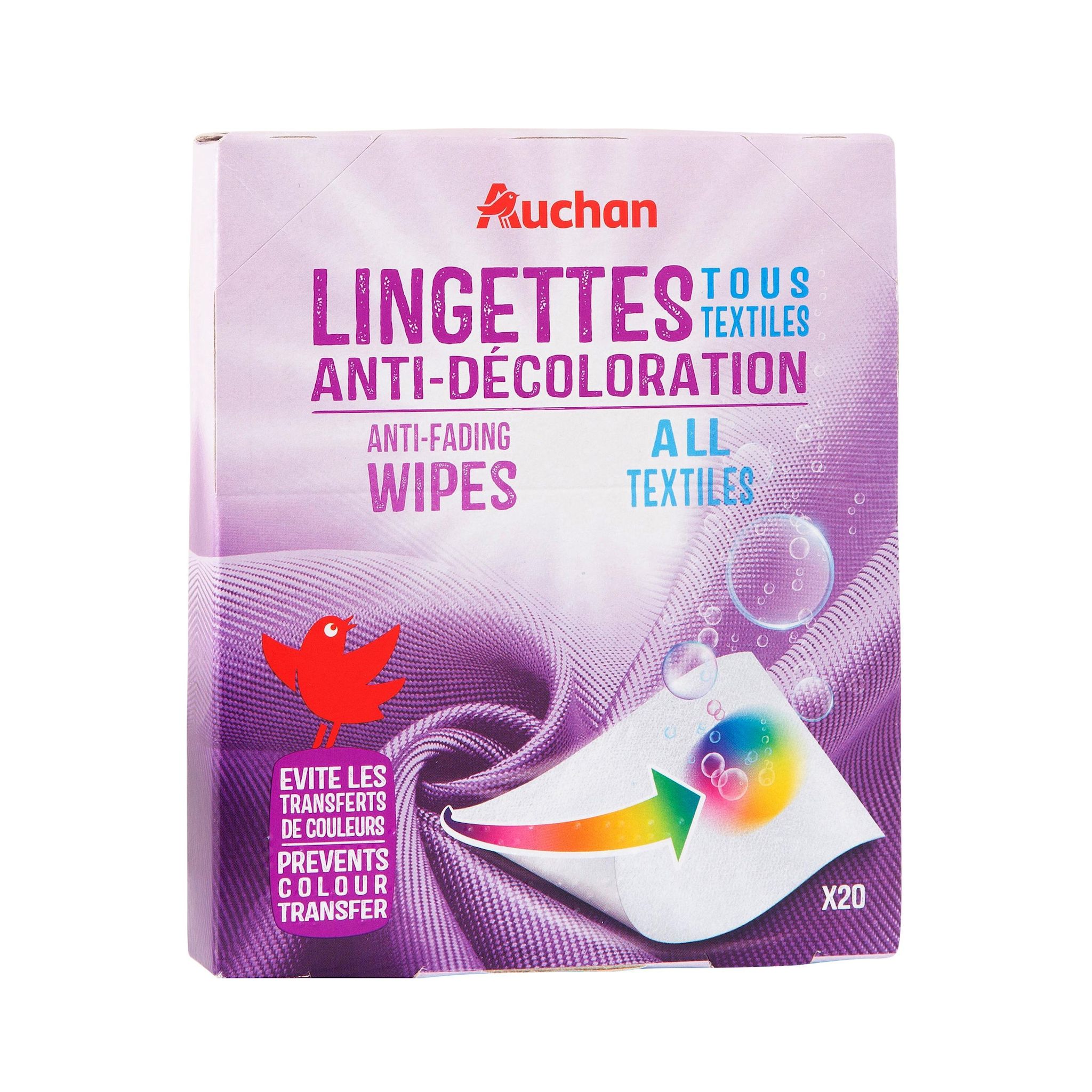 Voir la diapositive 2 : AUCHAN Lingettes anti-décoloration tous textiles 20 lingettes