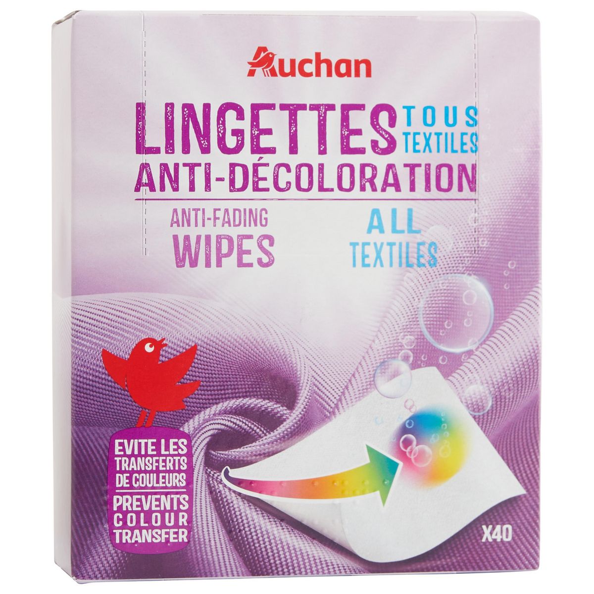 AUCHAN Lingettes anti-décoloration tous textiles 40 lingettes