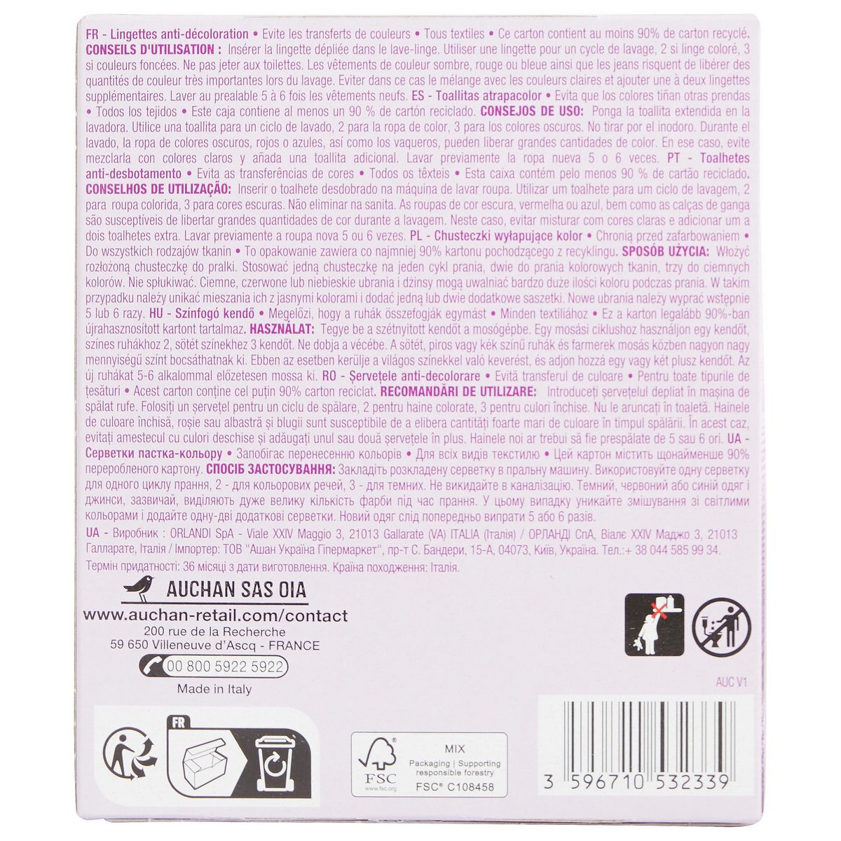 AUCHAN Lingettes anti-décoloration tous textiles 40 lingettes