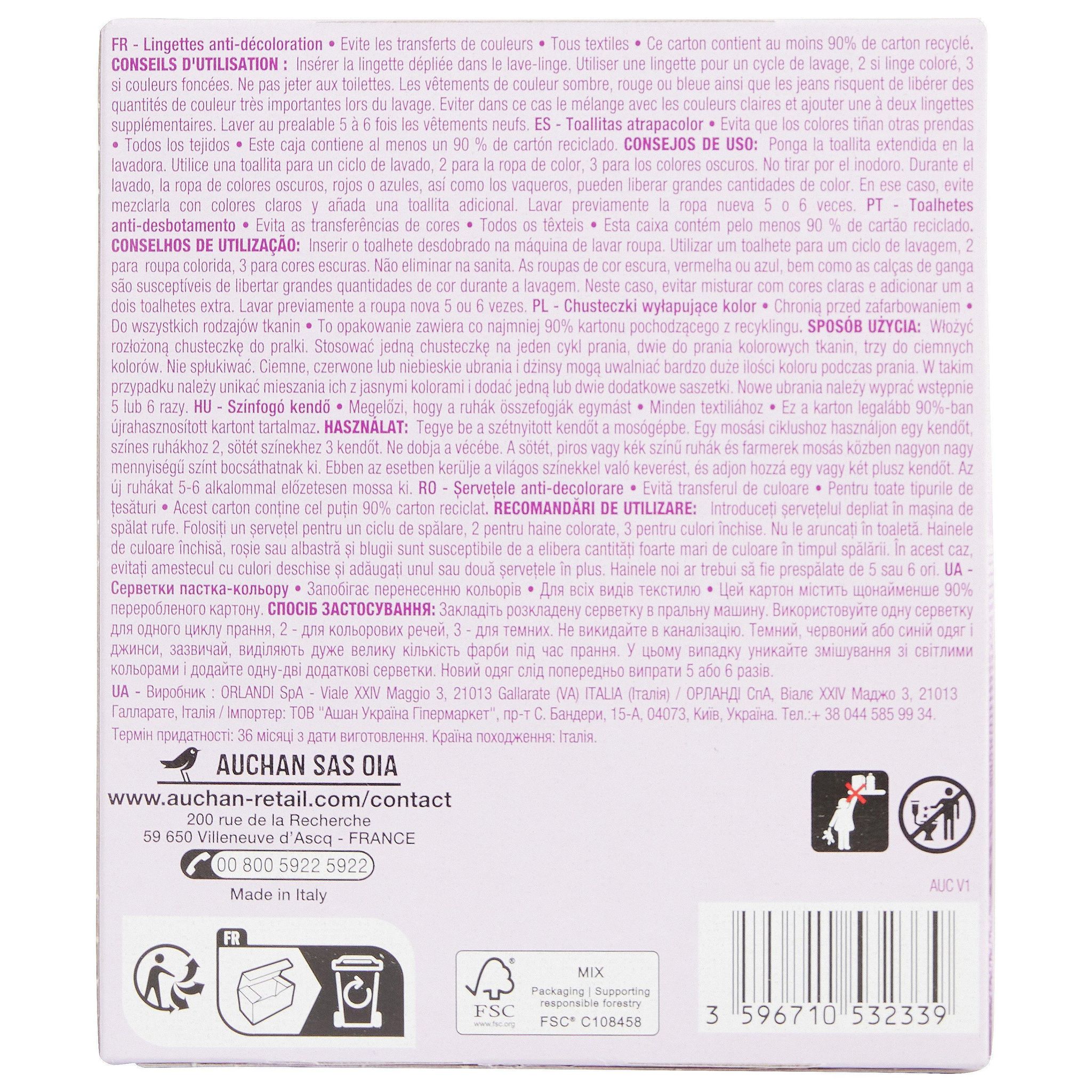 Voir la diapositive 3 : AUCHAN Lingettes anti-décoloration tous textiles 40 lingettes