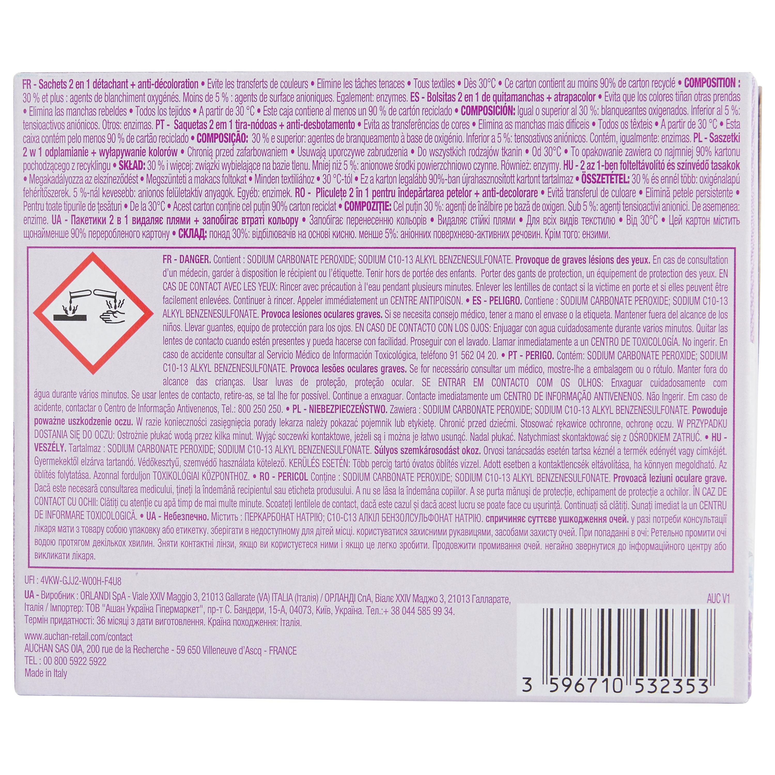 Voir la diapositive 2 : AUCHAN Lingettes anti-décoloration détachant 2en1 12 lingettes