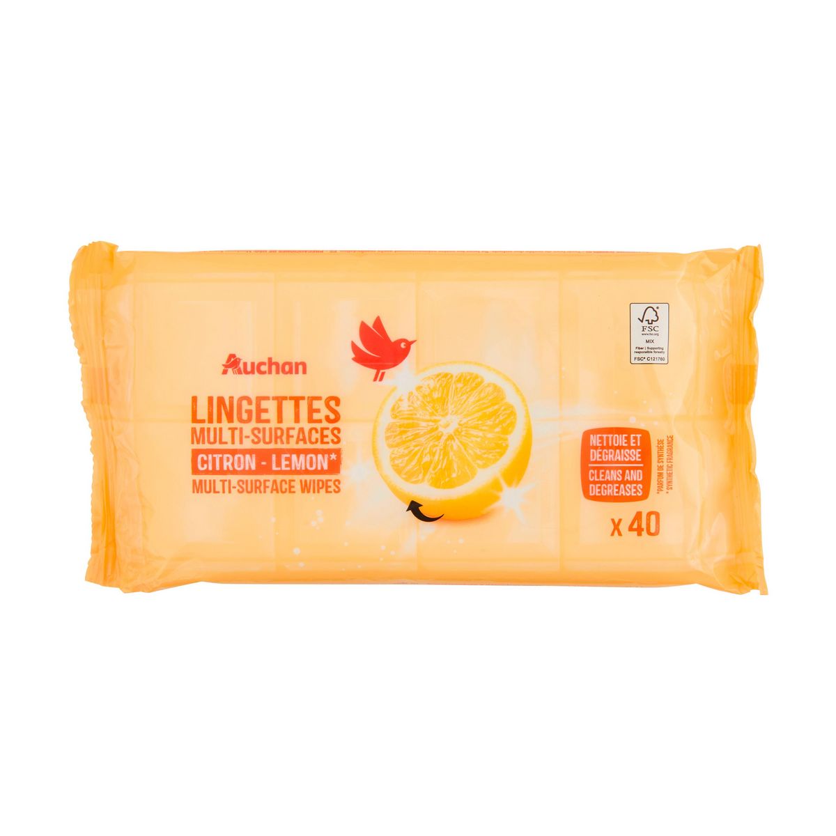 AUCHAN Lingettes multi-surfaces citron 40 lingettes
