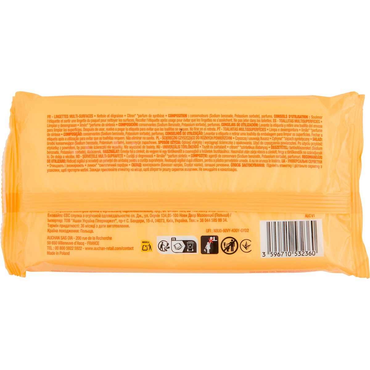 AUCHAN Lingettes multi-surfaces citron 40 lingettes