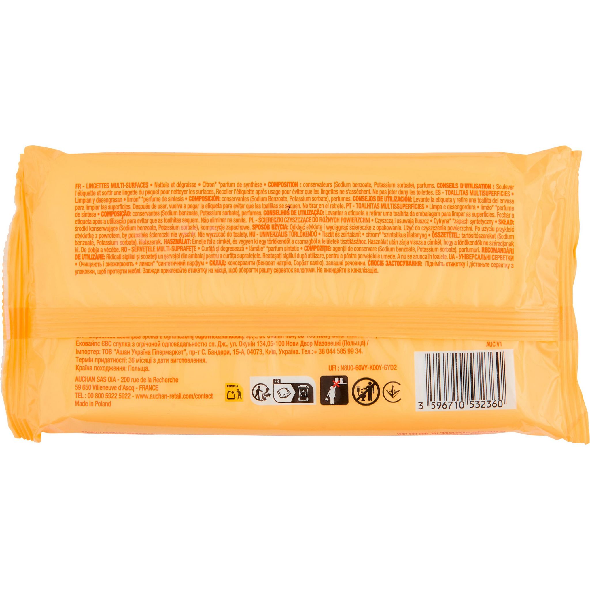 Voir la diapositive 5 : AUCHAN Lingettes multi-surfaces citron 40 lingettes