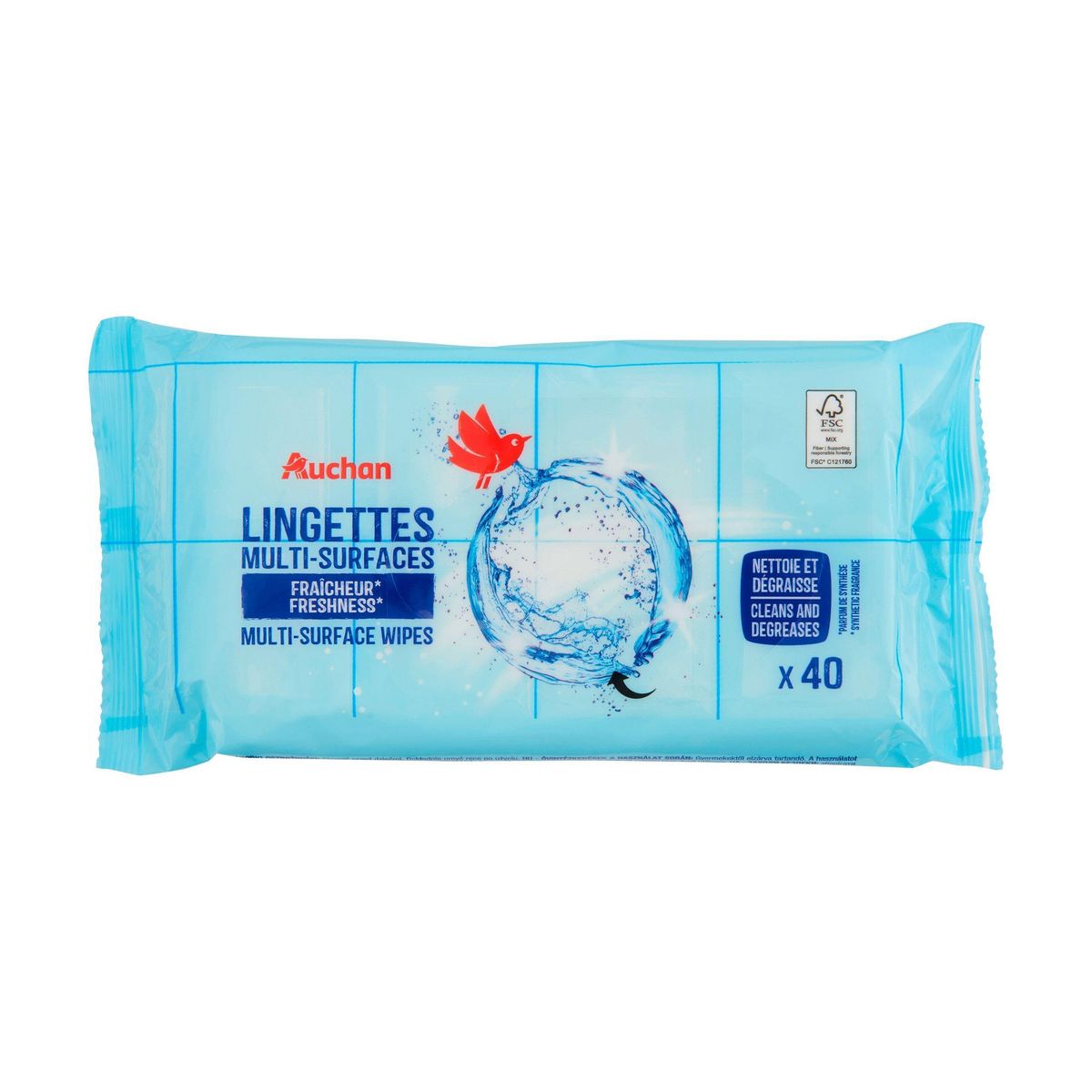 AUCHAN Lingettes multi-surfaces fraîcheur 40 Lingettes