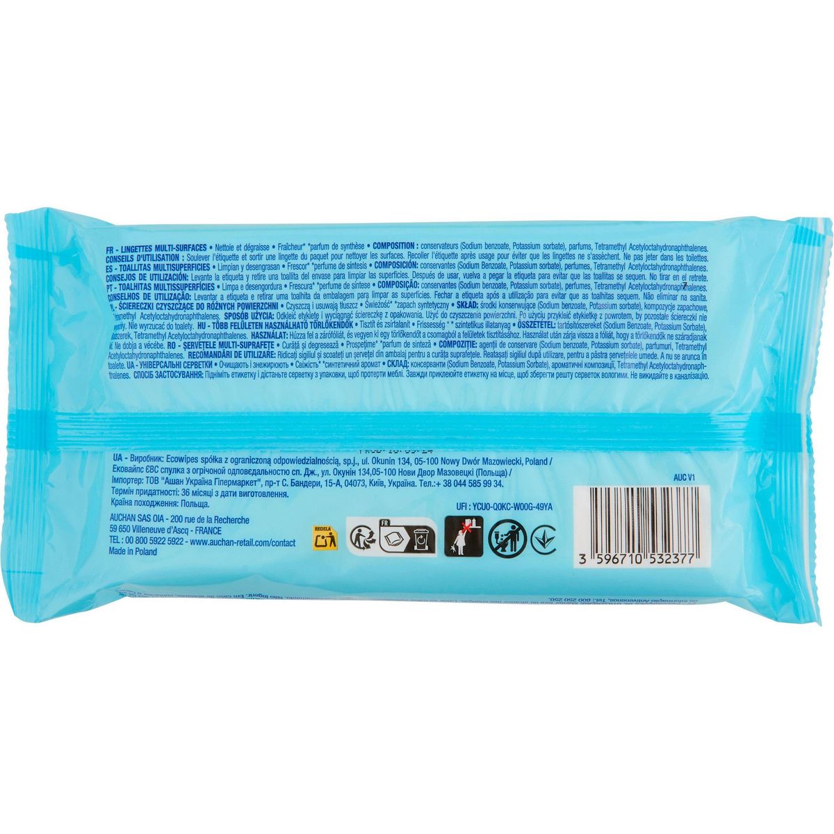 AUCHAN Lingettes multi-surfaces fraîcheur 40 Lingettes