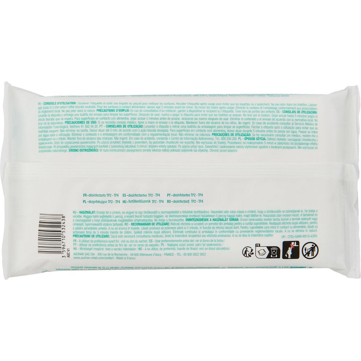 AUCHAN Lingettes désinfectantes sans javel 40 lingettes