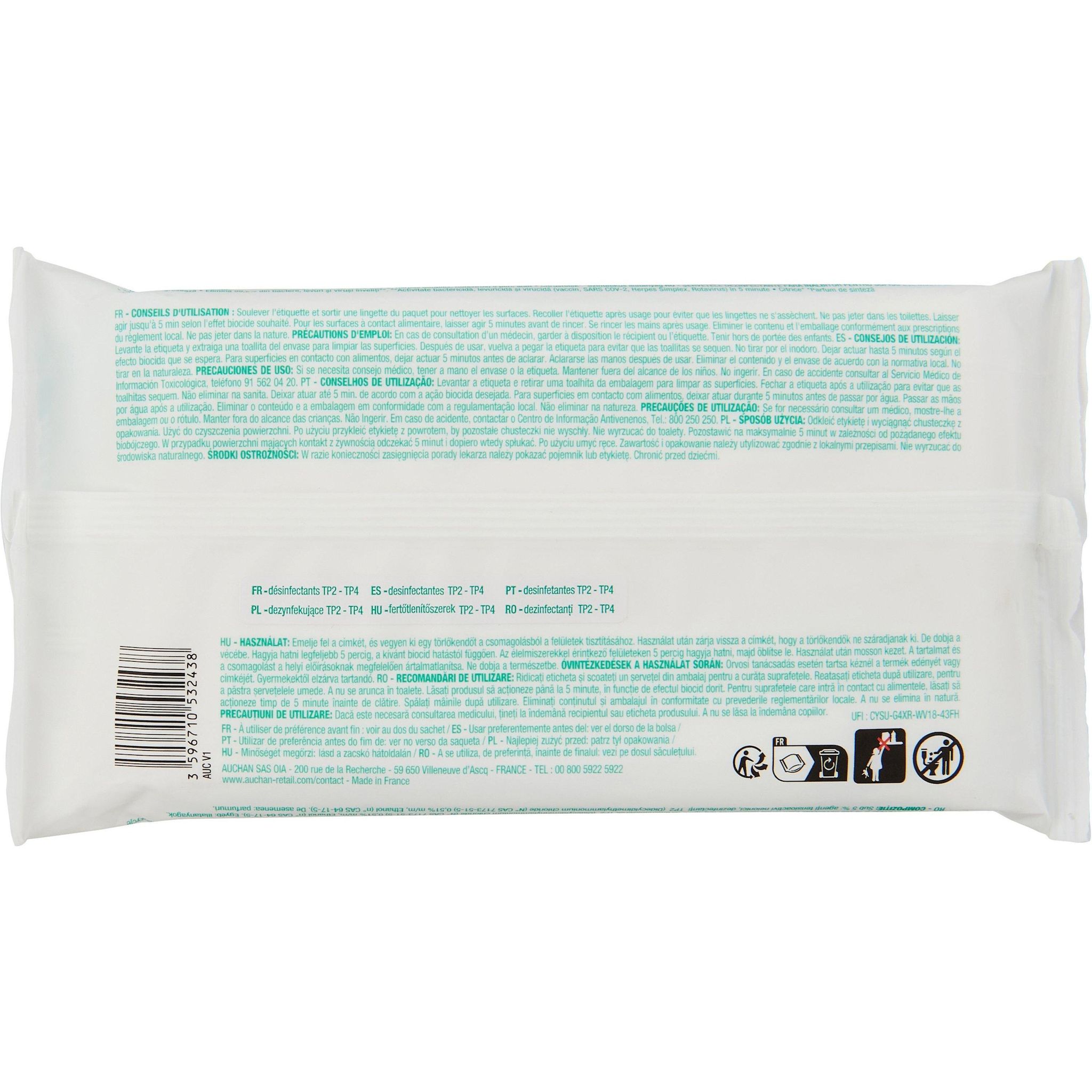 Voir la diapositive 3 : AUCHAN Lingettes désinfectantes sans javel 40 lingettes