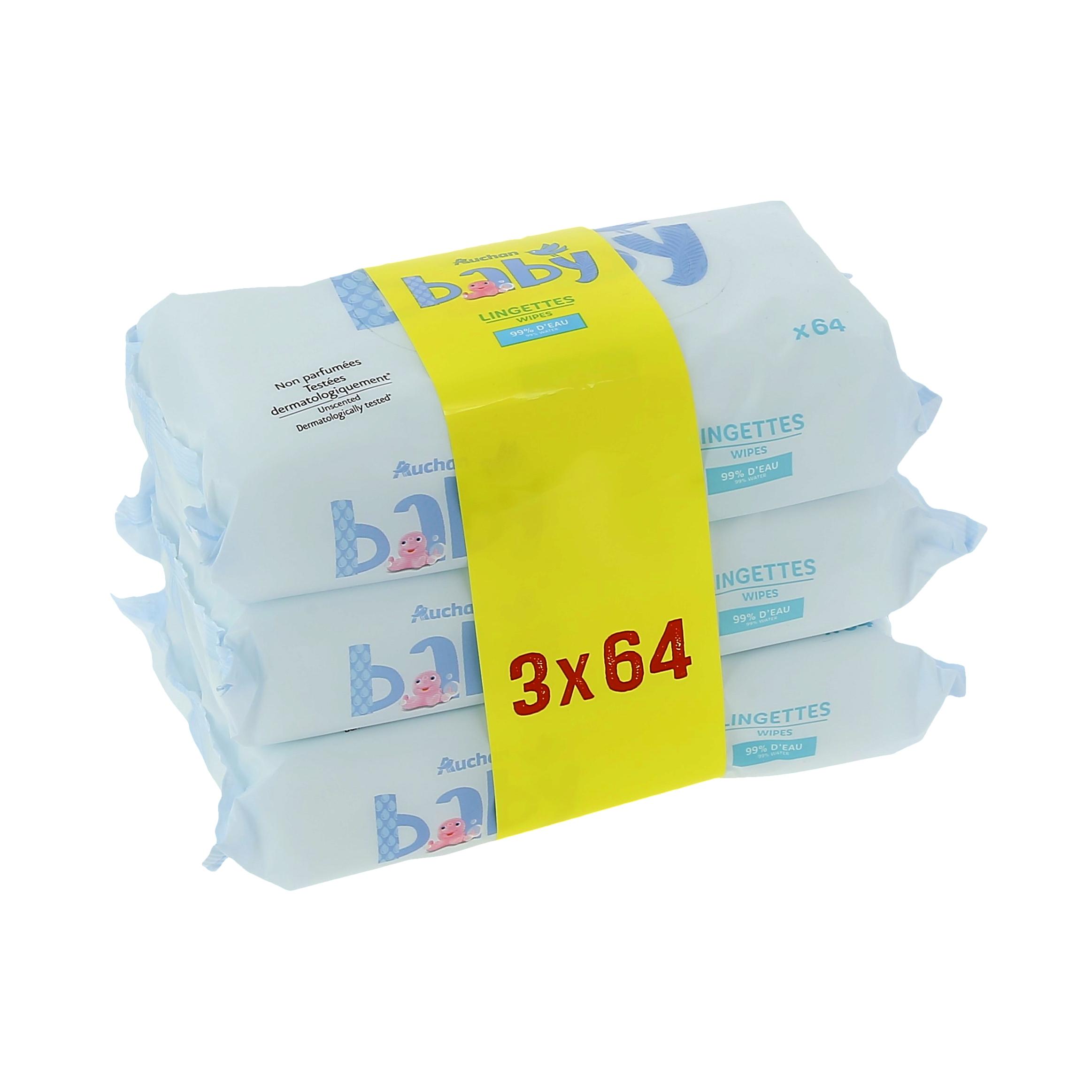 Voir la diapositive 2 : AUCHAN BABY Lingettes à l'eau pure 3x64 lingettes