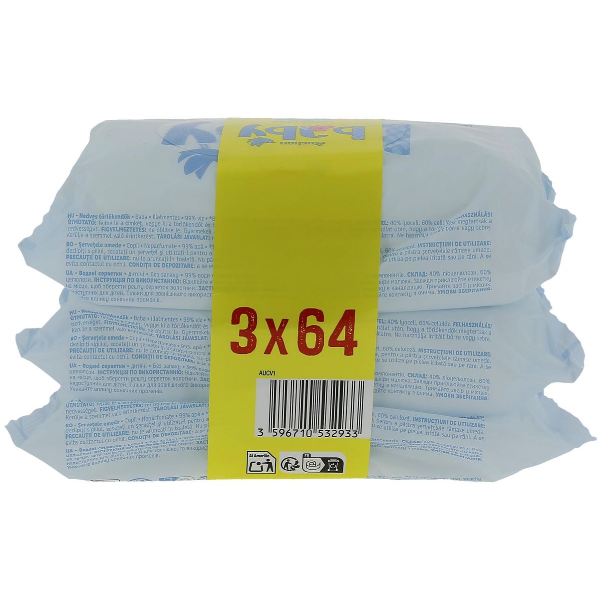 AUCHAN BABY Lingettes à l'eau pure 3x64 lingettes