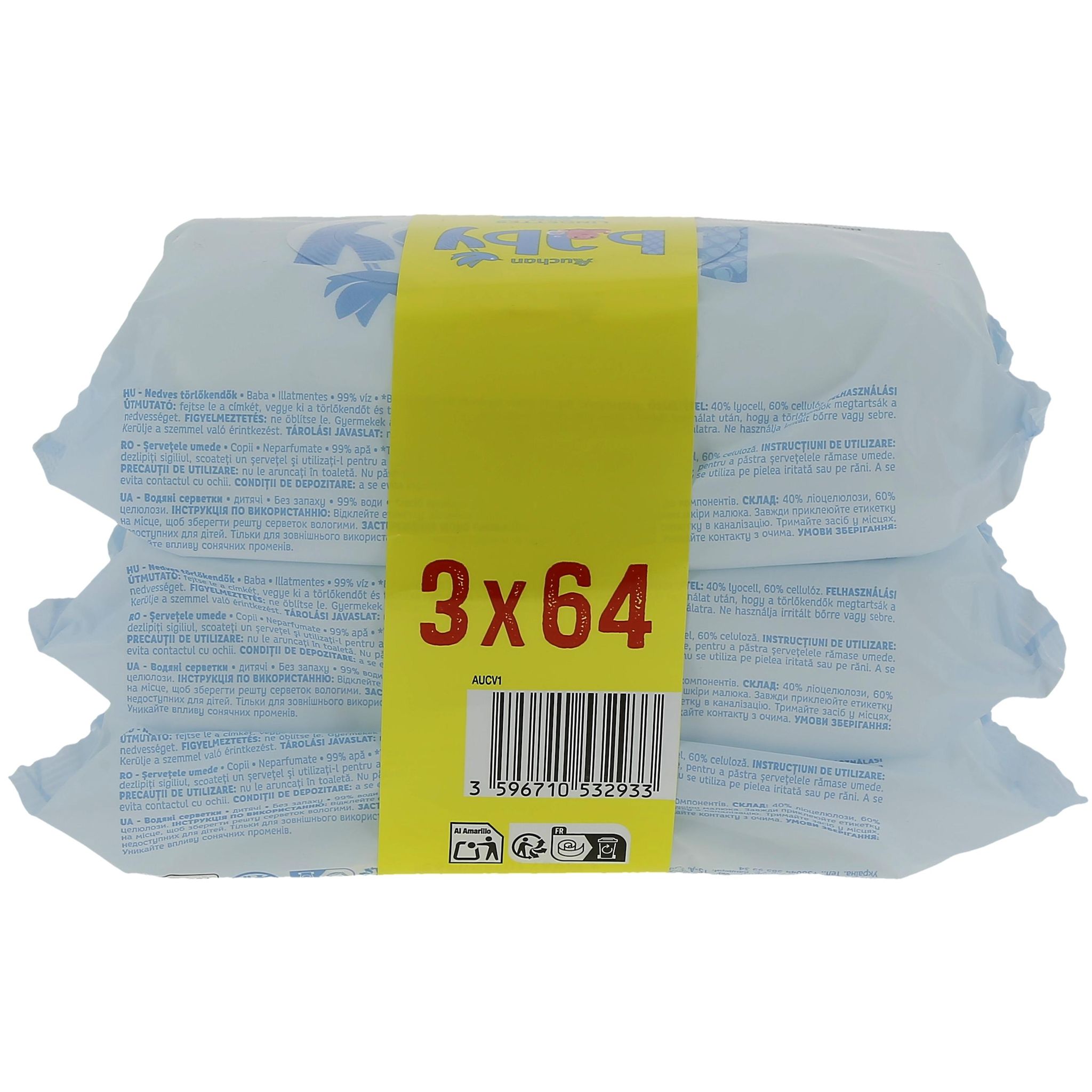 Voir la diapositive 3 : AUCHAN BABY Lingettes à l'eau pure 3x64 lingettes