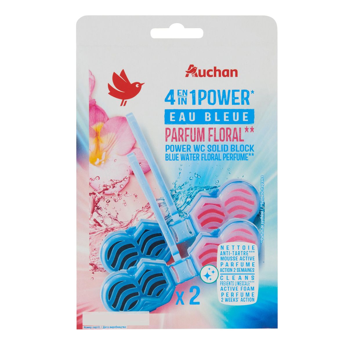 AUCHAN Bloc WC 4 en 1 power eau bleue floral 2 blocs