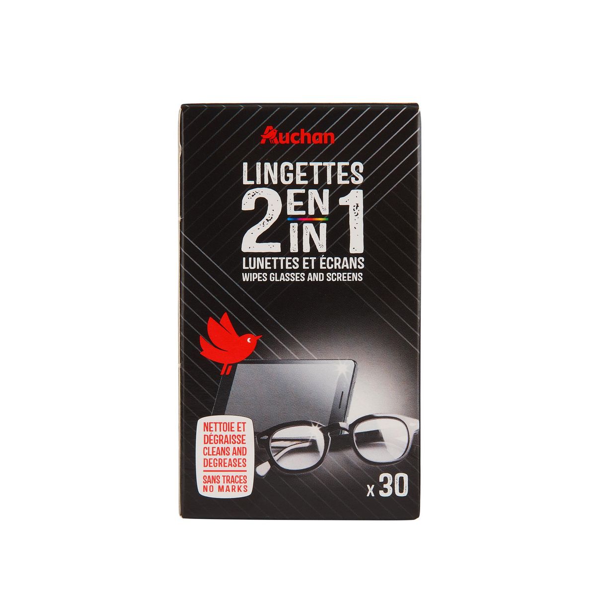 AUCHAN Lingettes lunettes et écrans 2 en 1 30 lingettes