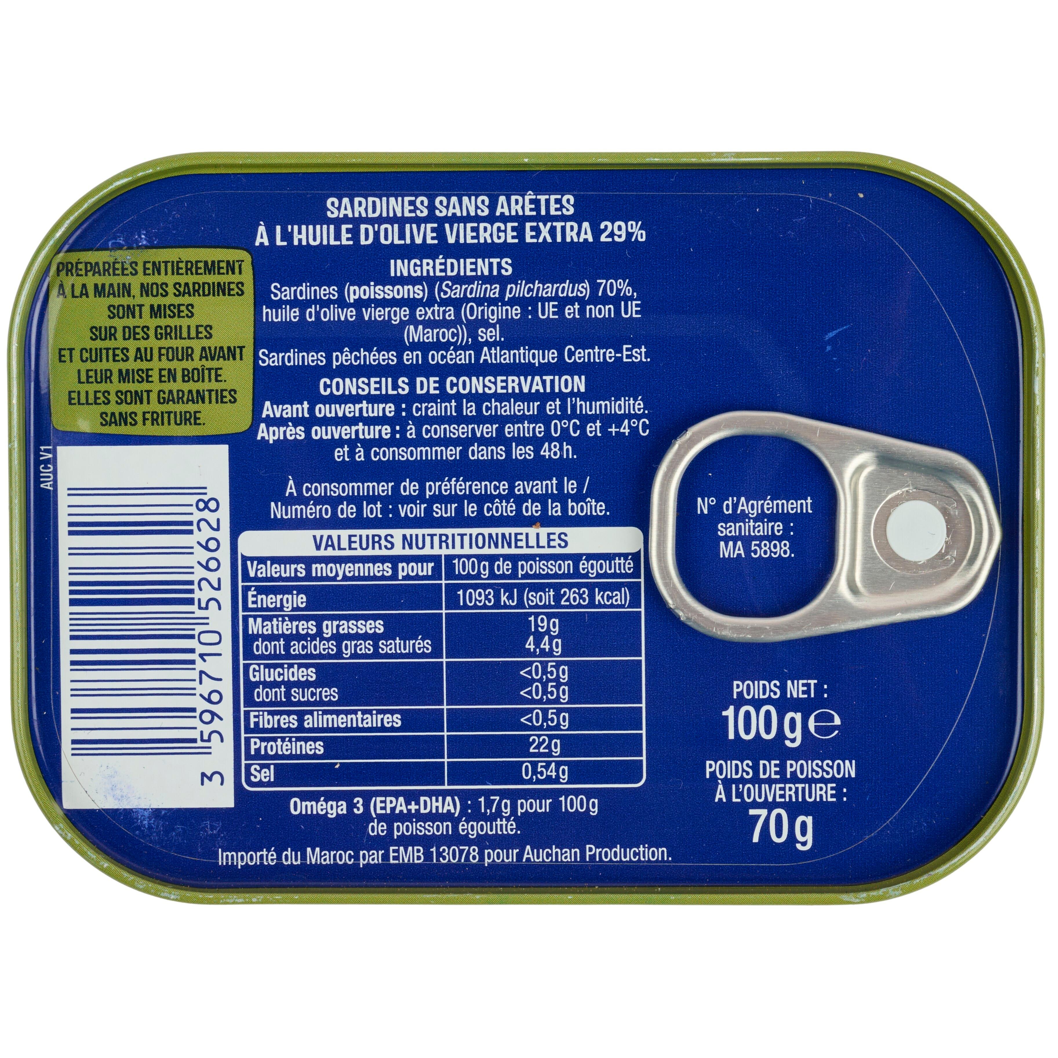 Voir la diapositive 2 : AUCHAN Sardines sans arrêtes à l'huile d'olive 100g