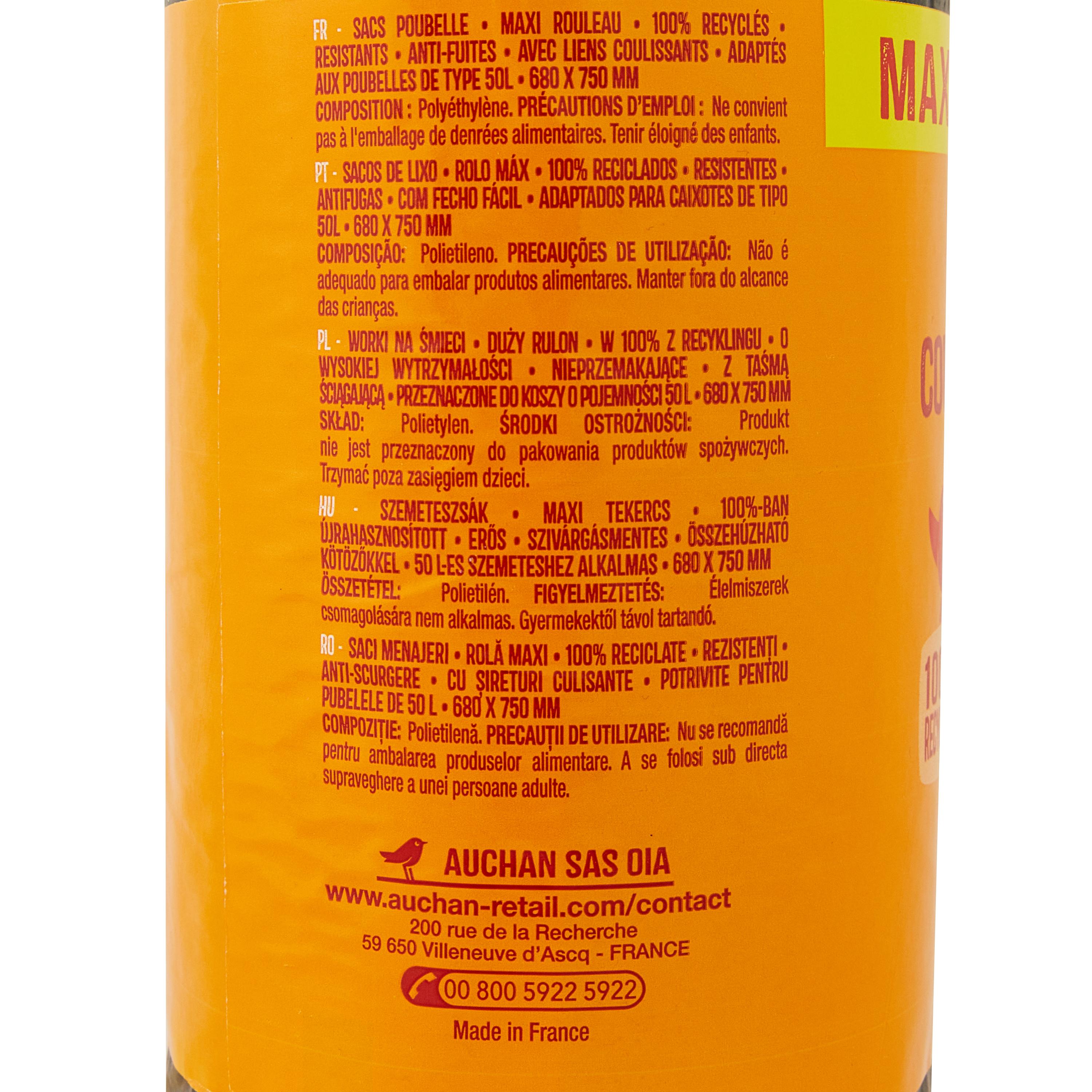 Voir la diapositive 2 : AUCHAN Sacs poubelle à liens coulissants 50L maxi rouleau 40 sacs