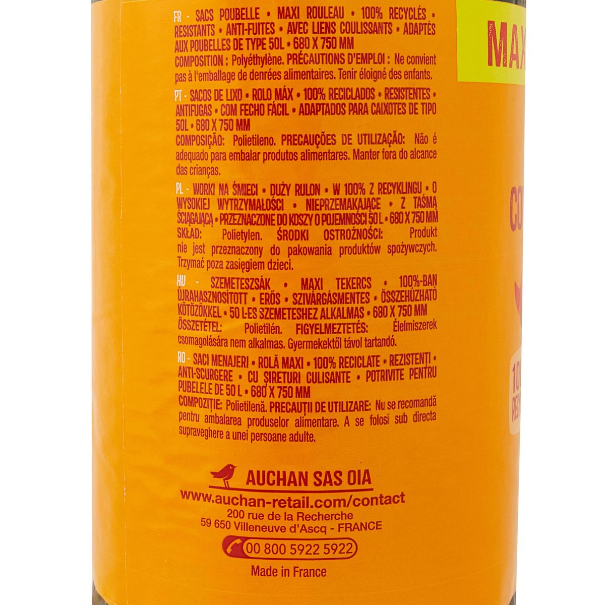 AUCHAN Sacs poubelle à liens coulissants 50L maxi rouleau 40 sacs