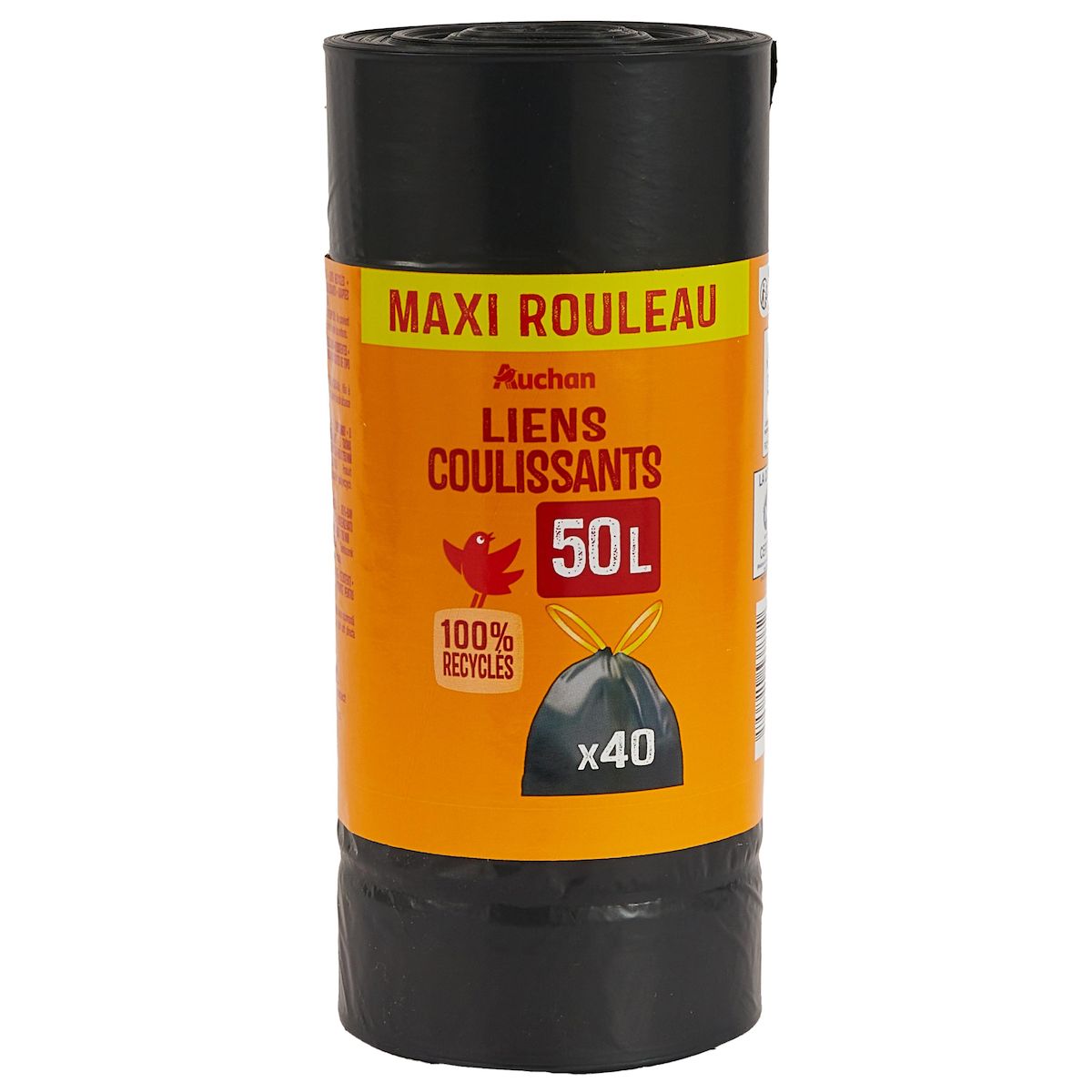 AUCHAN Sacs poubelle à liens coulissants 50L maxi rouleau 40 sacs