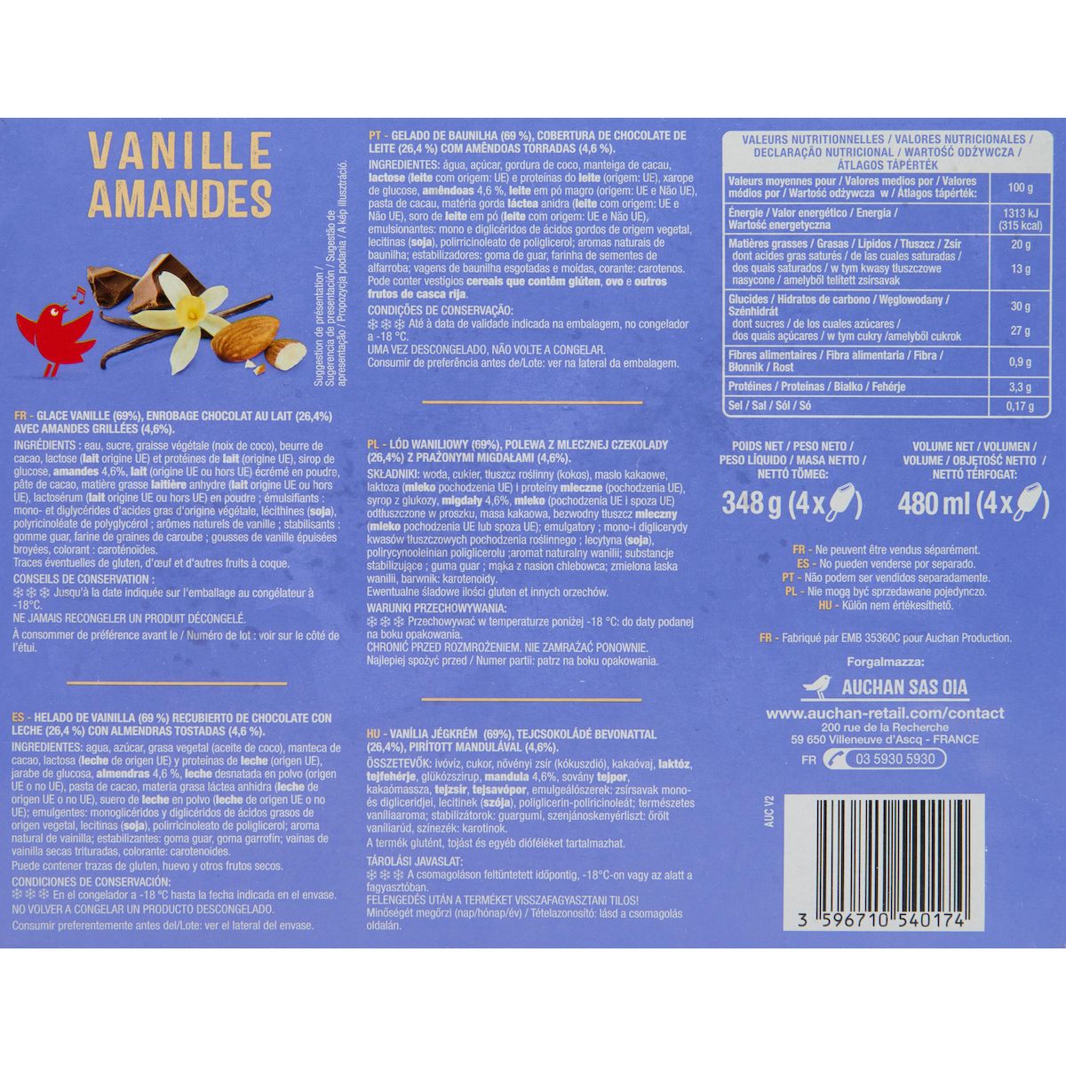 AUCHAN Bâtonnets glacés vanille amandes 4 pièces 348g