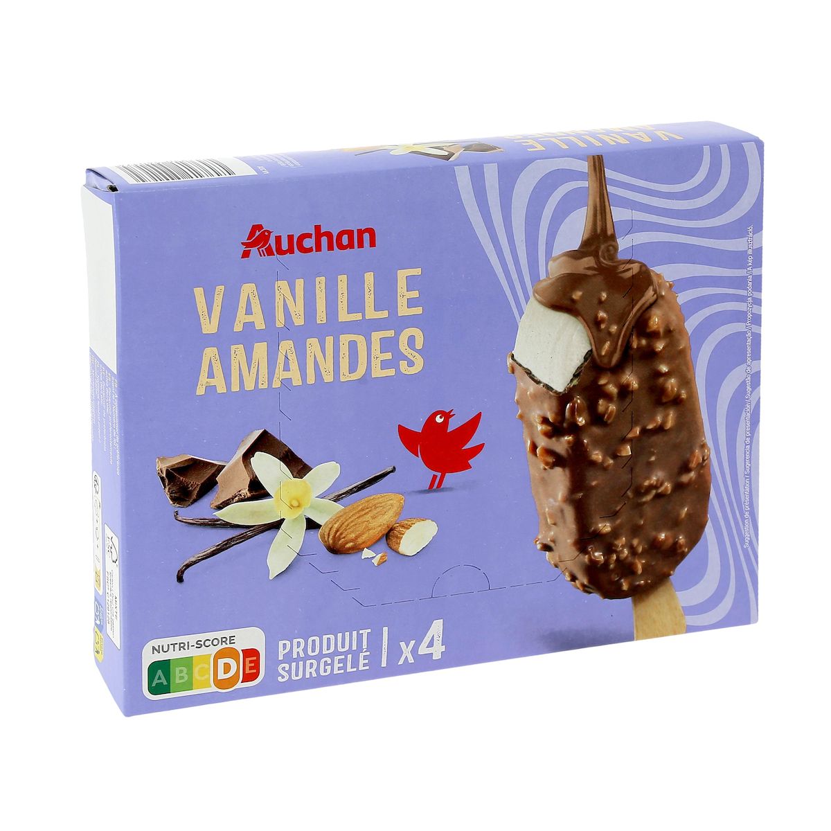 AUCHAN Bâtonnets glacés vanille amandes 4 pièces 348g