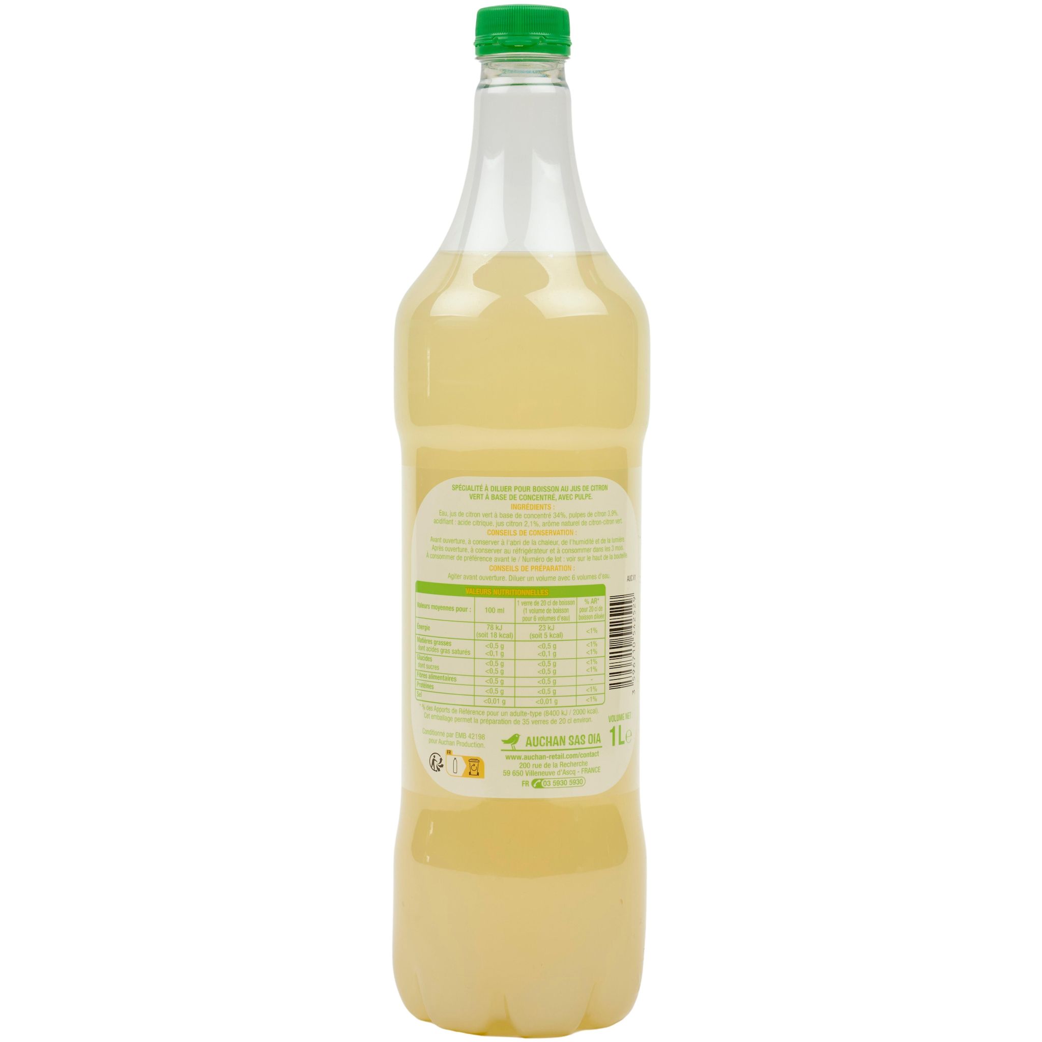 Voir la diapositive 2 : AUCHAN Concentré de citron vert à diluer 1l