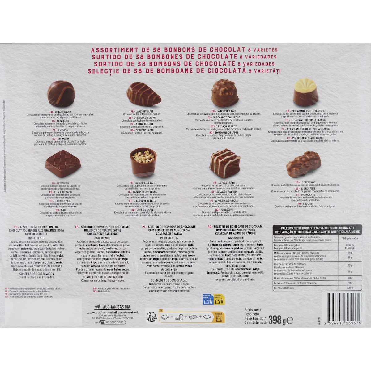 VENDOME Assortiment de bonbons de chocolat fourrages aux pralinés saveur noisette 398g