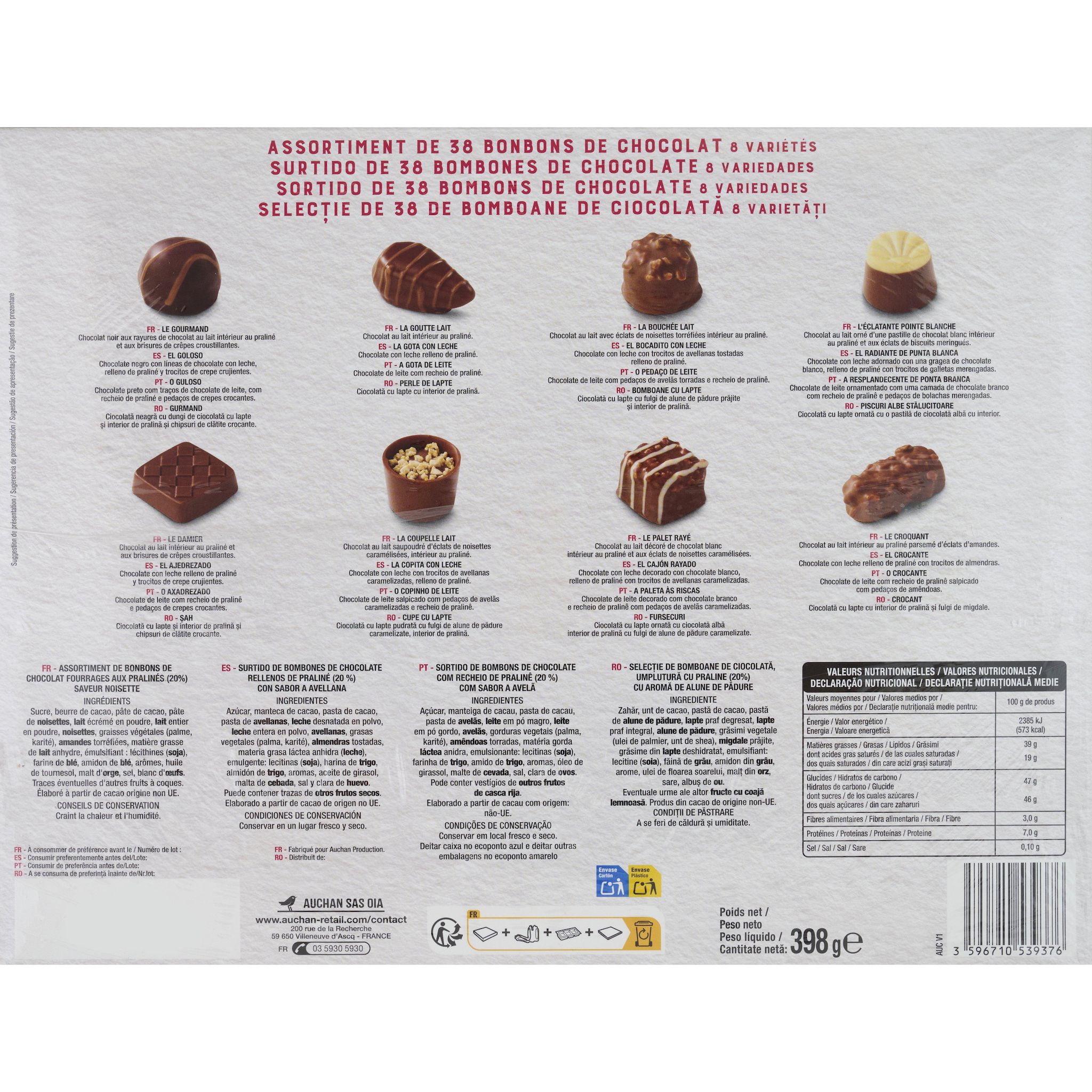 Voir la diapositive 2 : VENDOME Assortiment de bonbons de chocolat fourrages aux pralinés saveur noisette 398g
