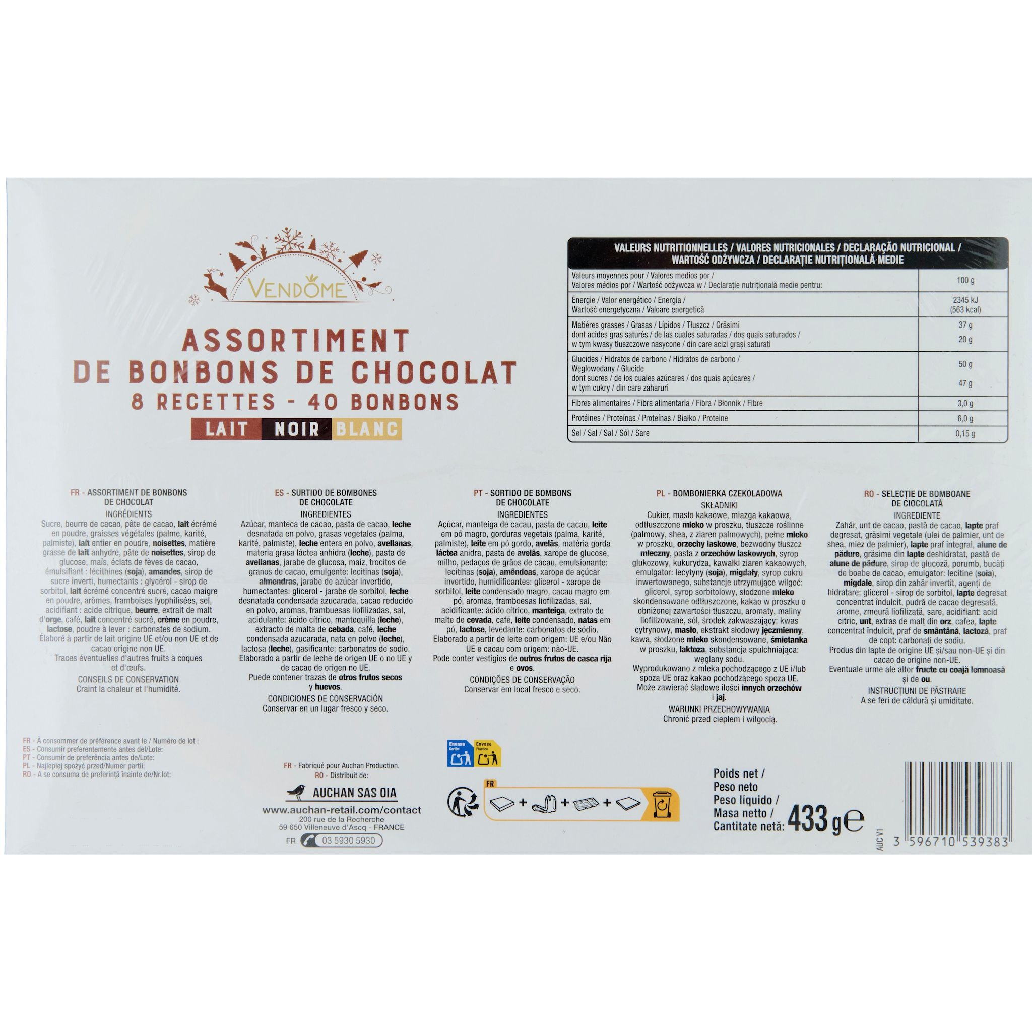Voir la diapositive 2 : VENDOME Assortiment de bonbons de chocolat au lait, noir et blanc 433g