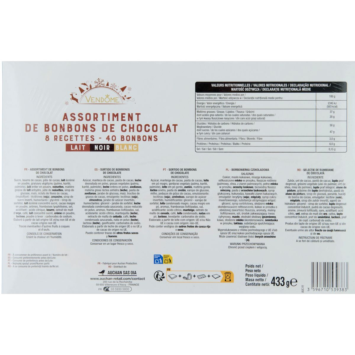 VENDOME Assortiment de bonbons de chocolat au lait, noir et blanc 433g