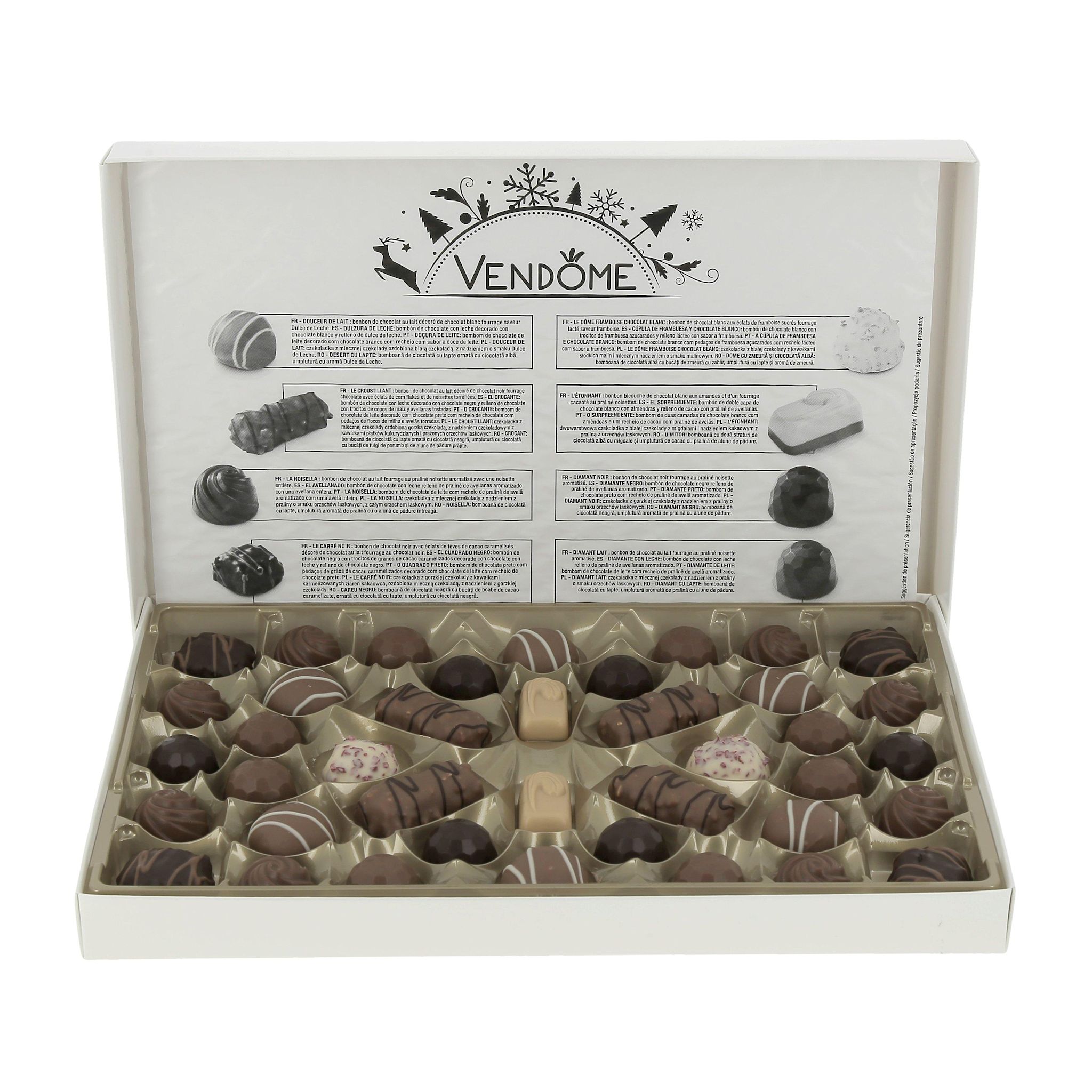 Voir la diapositive 5 : VENDOME Assortiment de bonbons de chocolat au lait, noir et blanc 433g