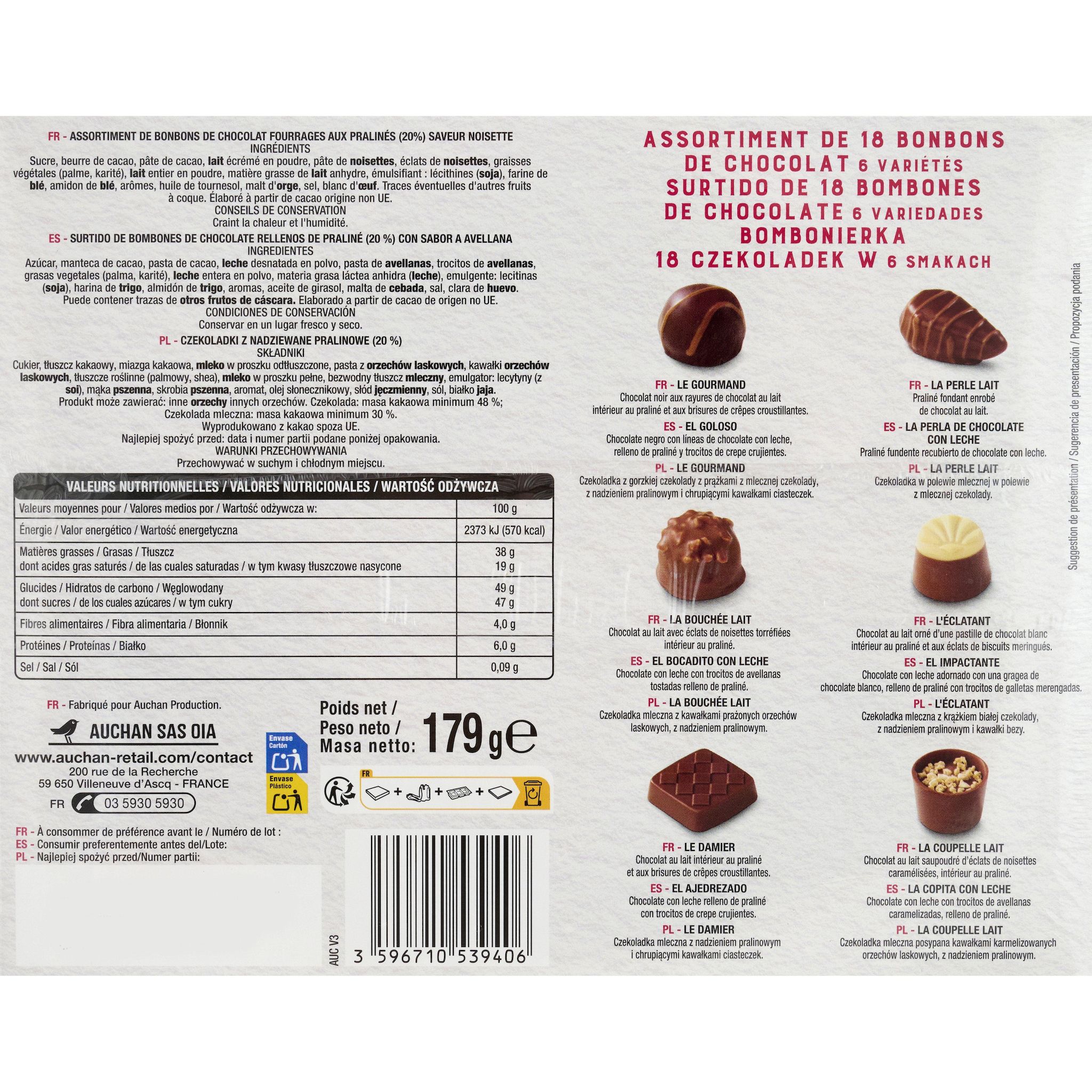 Voir la diapositive 2 : VENDOME Assortiment de bonbons de chocolat fourrages aux pralinés saveur noisette 179g