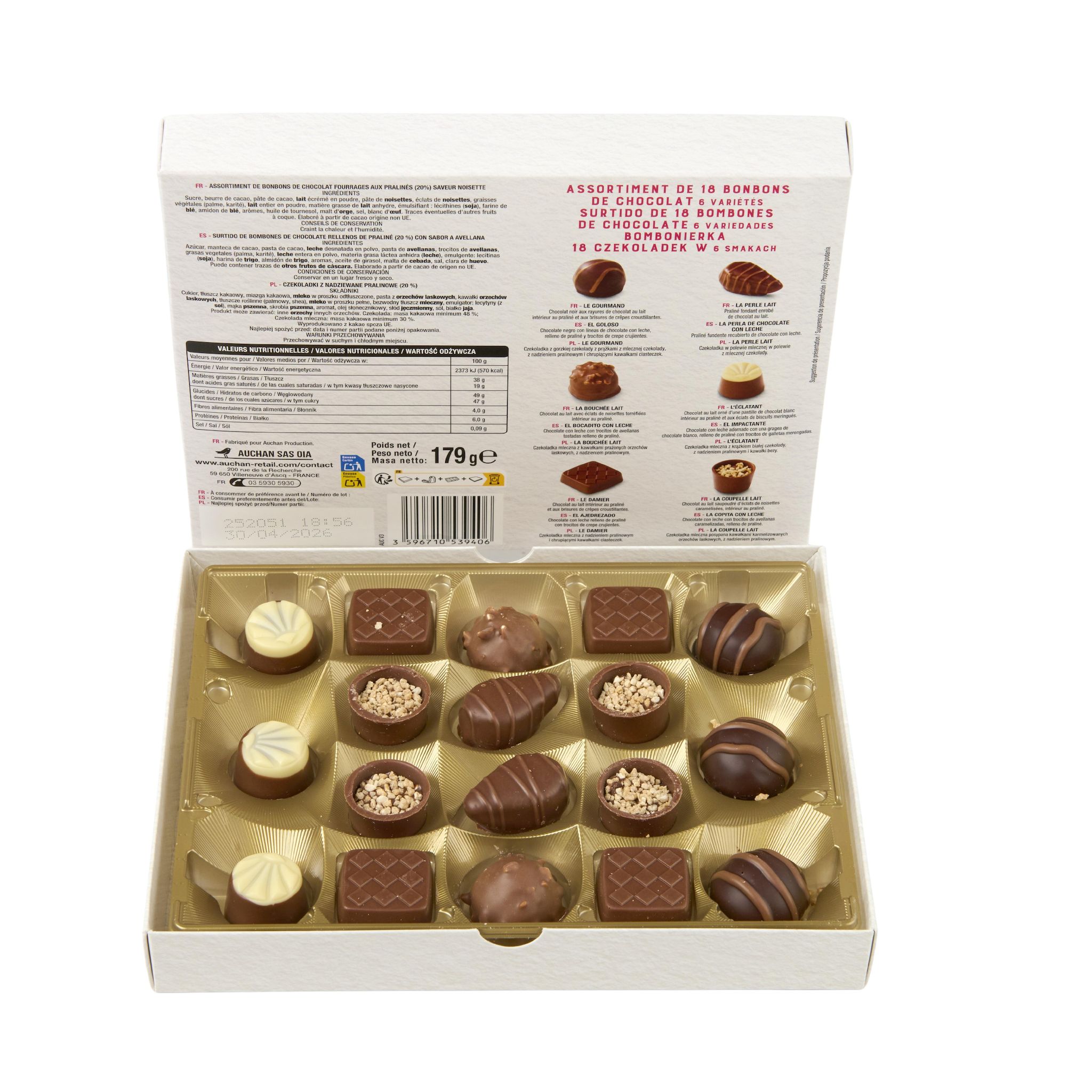 Voir la diapositive 3 : VENDOME Assortiment de bonbons de chocolat fourrages aux pralinés saveur noisette 179g