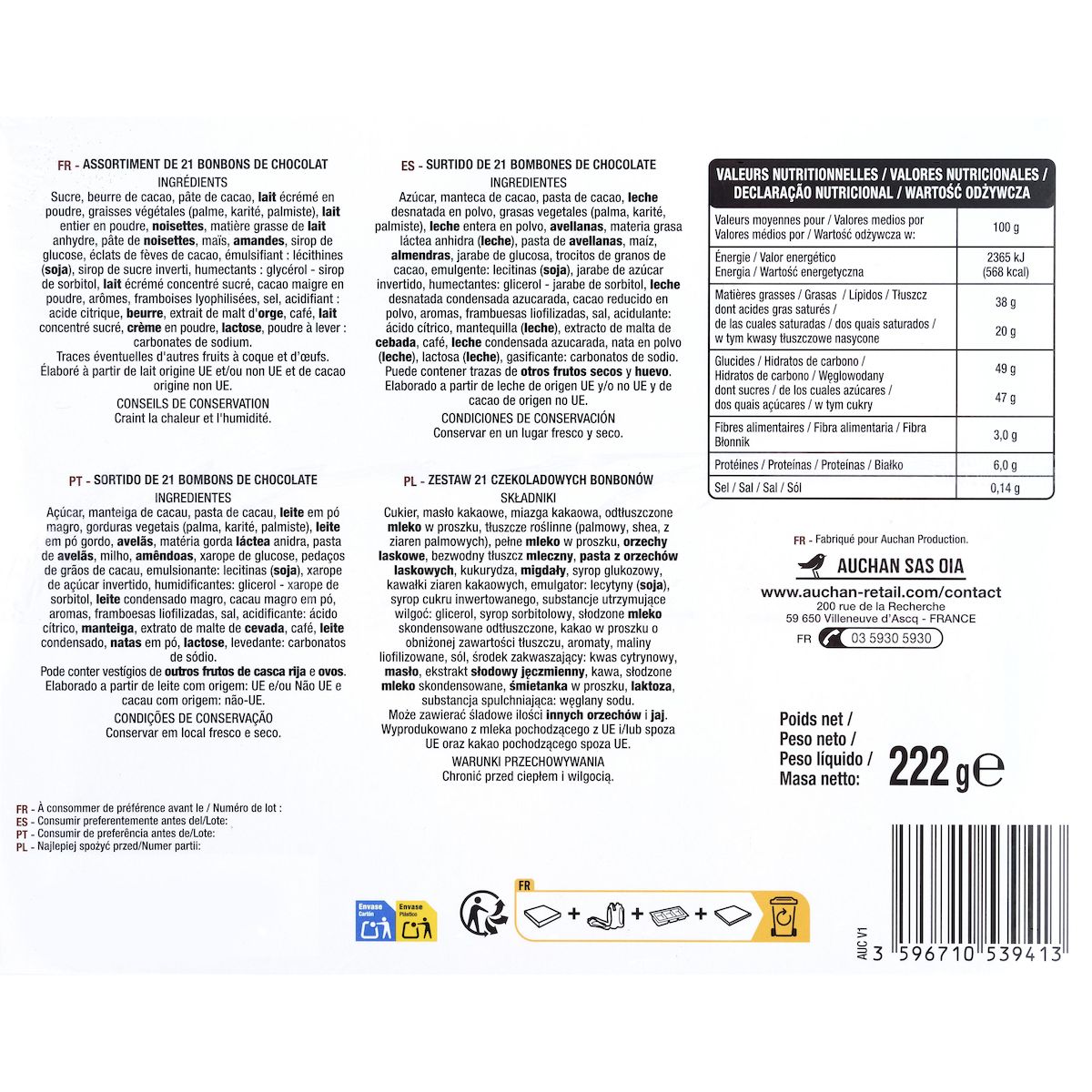 VENDOME Assortiment de bonbons de chocolat lait noir blanc 222g