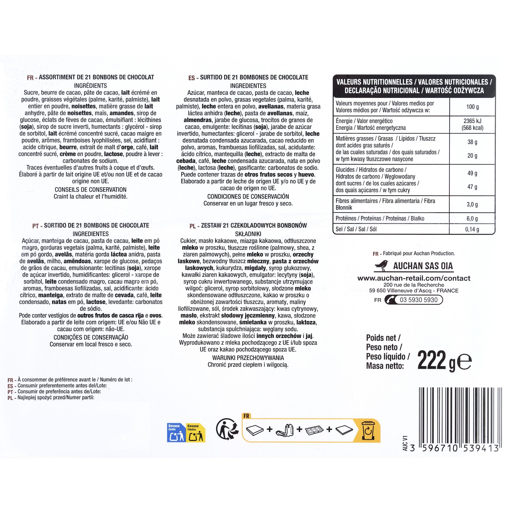 Voir la diapositive 2 : VENDOME Assortiment de bonbons de chocolat lait noir blanc 222g