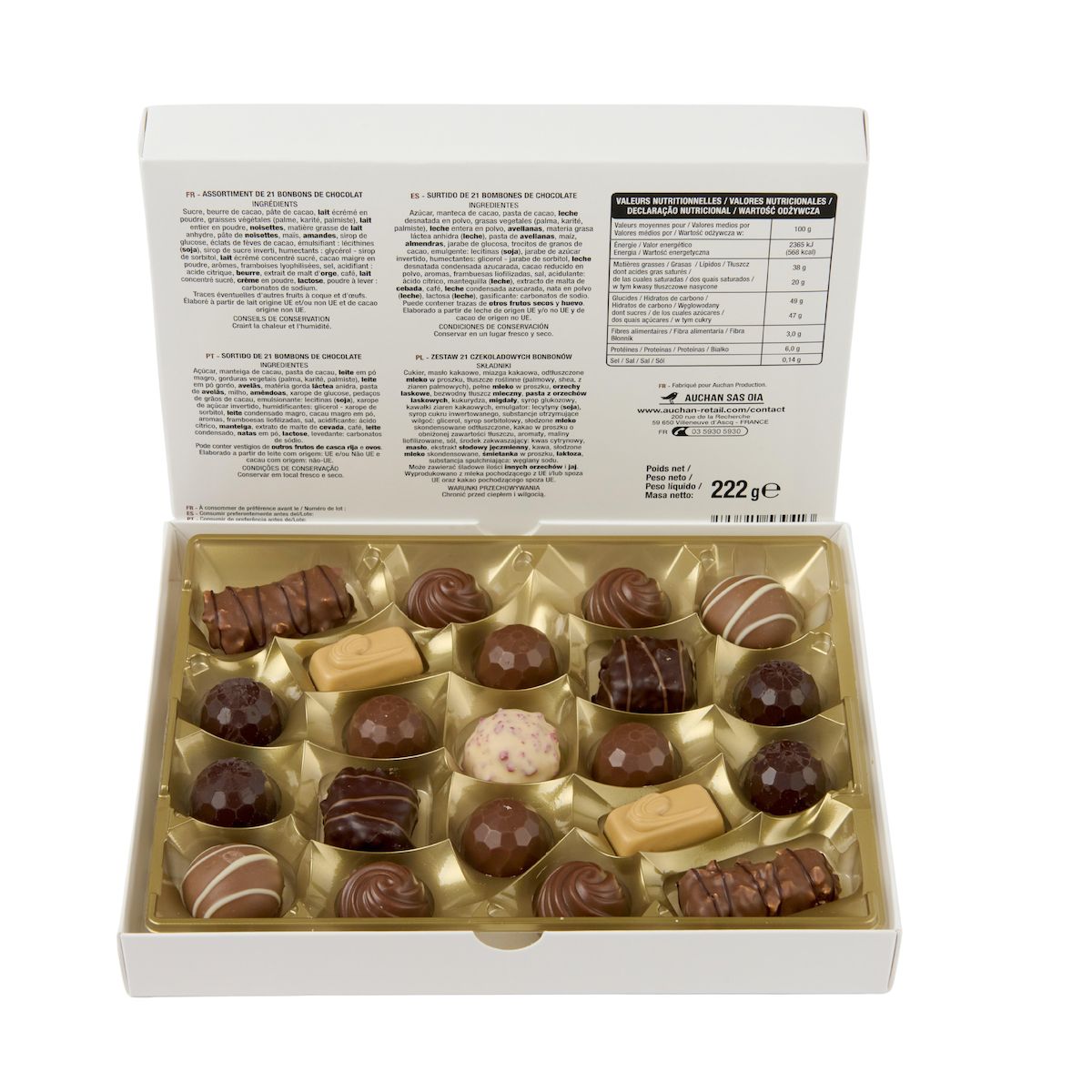 VENDOME Assortiment de bonbons de chocolat lait noir blanc 222g