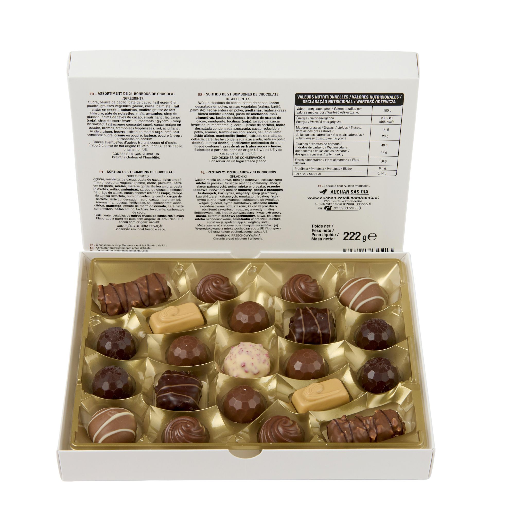 Voir la diapositive 4 : VENDOME Assortiment de bonbons de chocolat lait noir blanc 222g