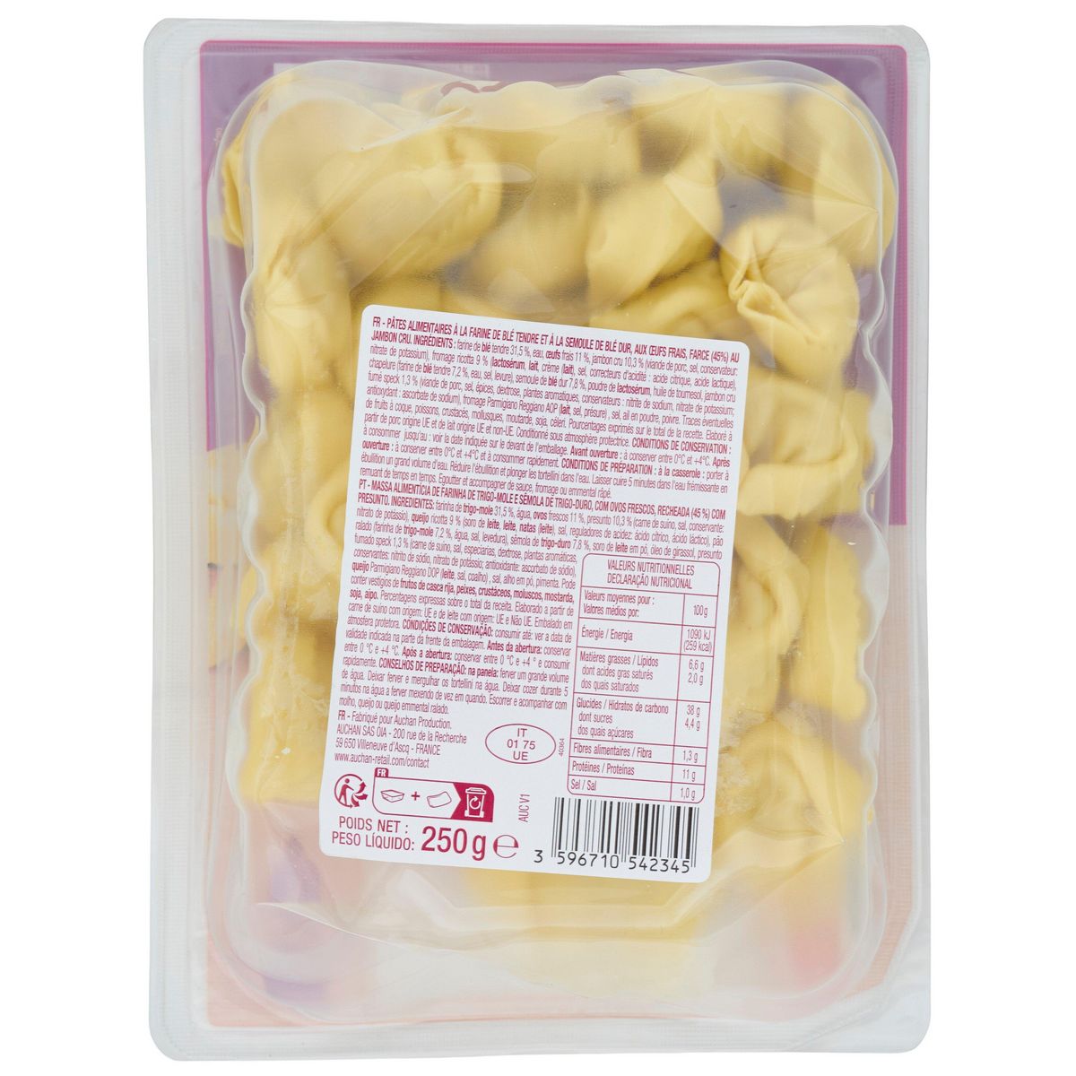 AUCHAN Tortellini au jambon cru 2 parts 250g