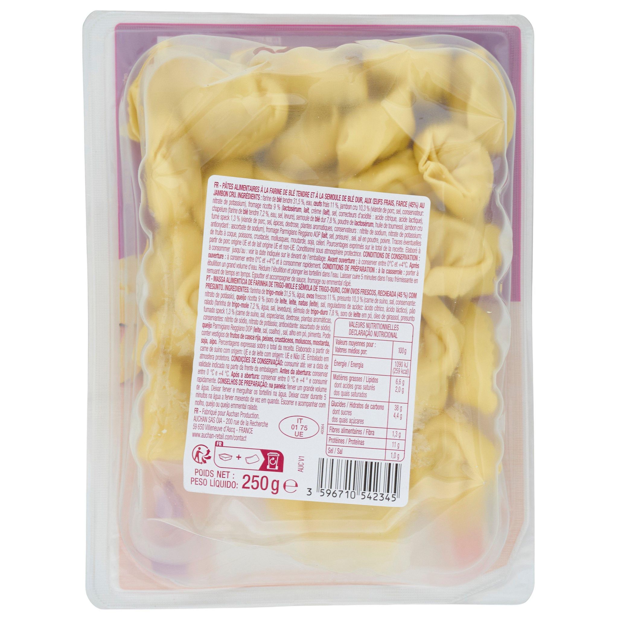 Voir la diapositive 2 : AUCHAN Tortellini au jambon cru 2 parts 250g
