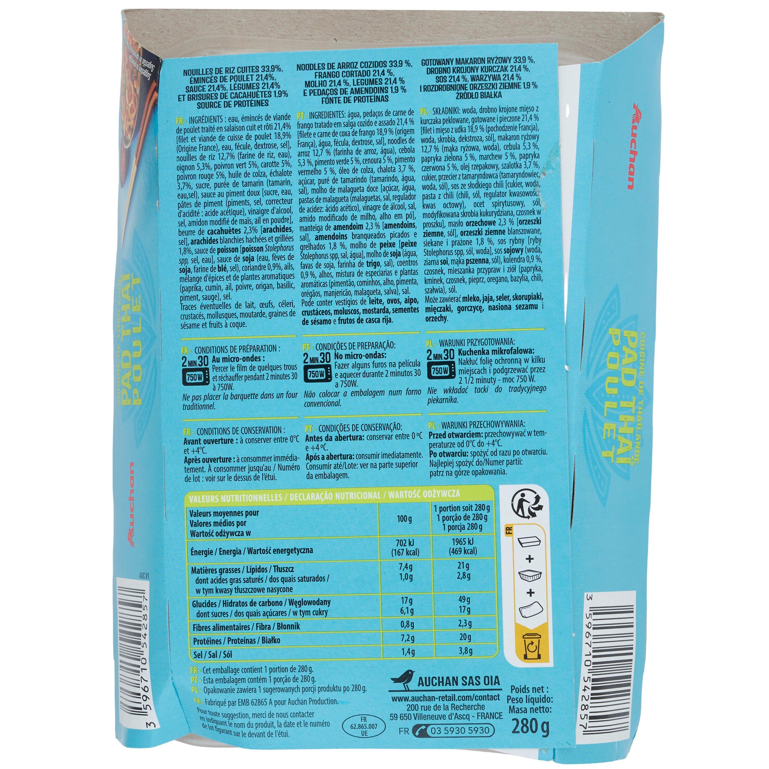 Voir la diapositive 2 : AUCHAN Pad thaï au poulet 1 part 280g