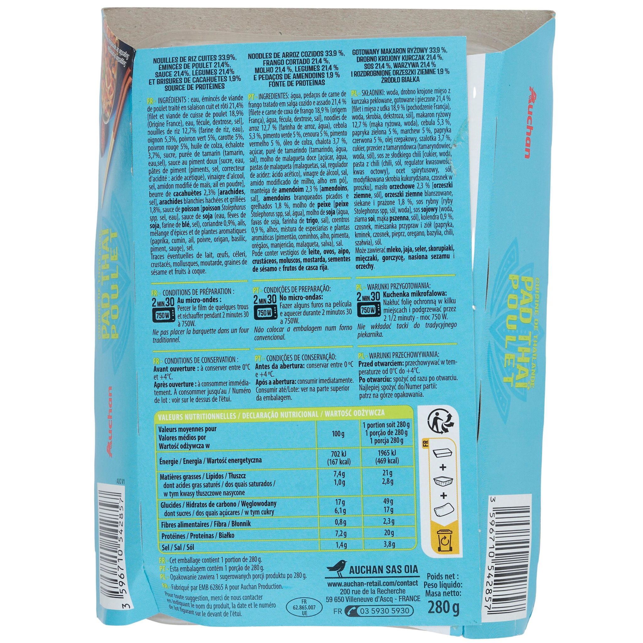 Voir la diapositive 2 : AUCHAN Pad thaï au poulet 280g