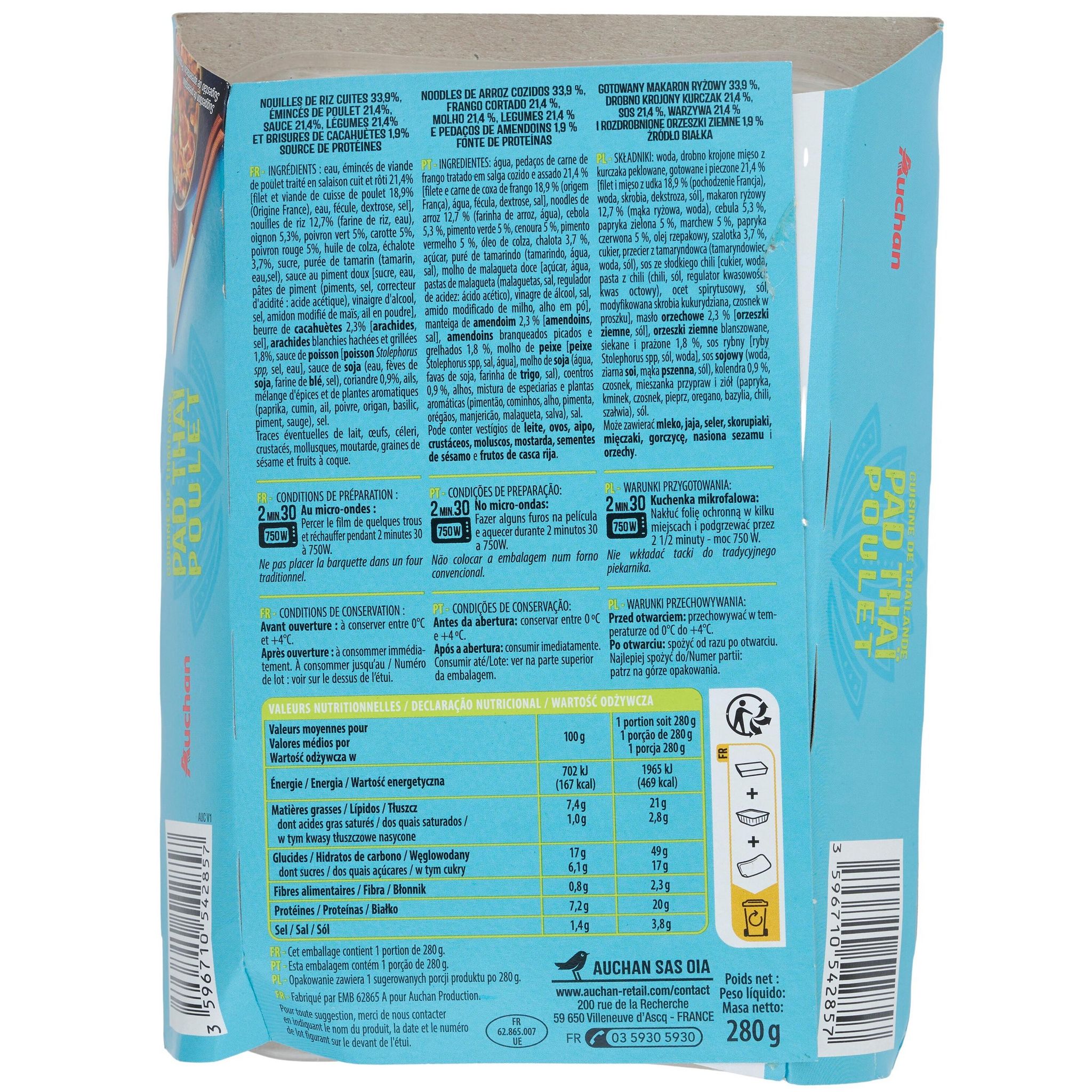 Voir la diapositive 3 : AUCHAN Pad thaï au poulet 280g